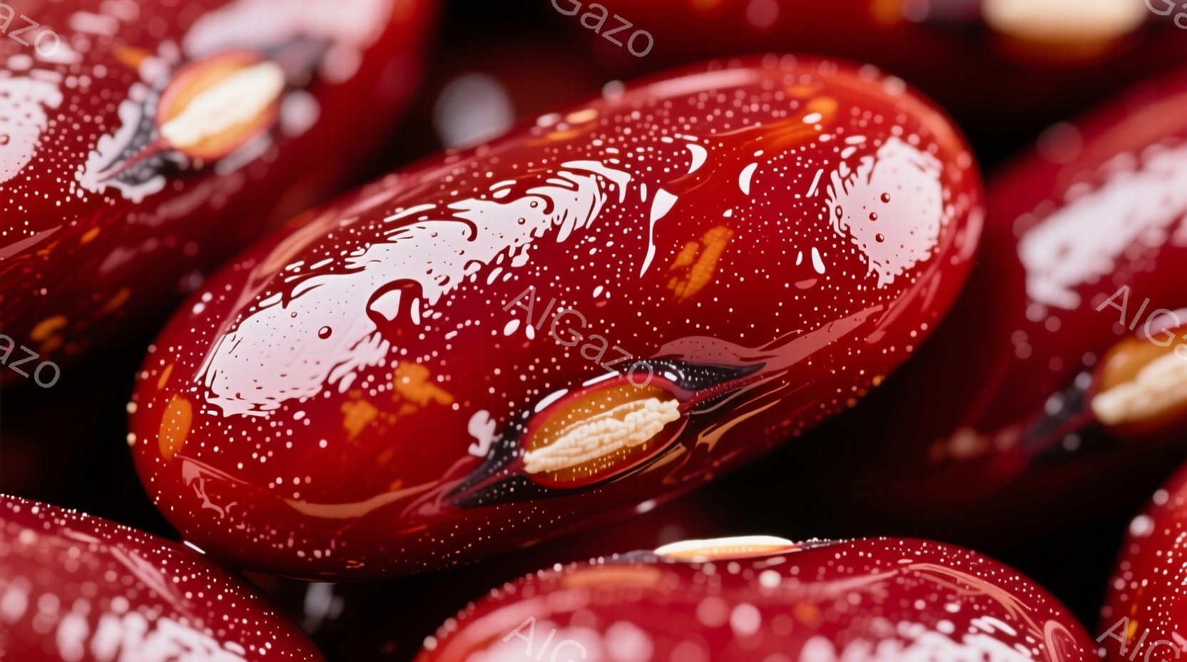 鮮やかな赤い豆が画面いっぱいに広がっており、表面には小さな白い斑点が見られます。豆は滑らかで光沢があり、まるで宝石のような質感です。背景は暗く、豆の鮮やかな色が際立っています。