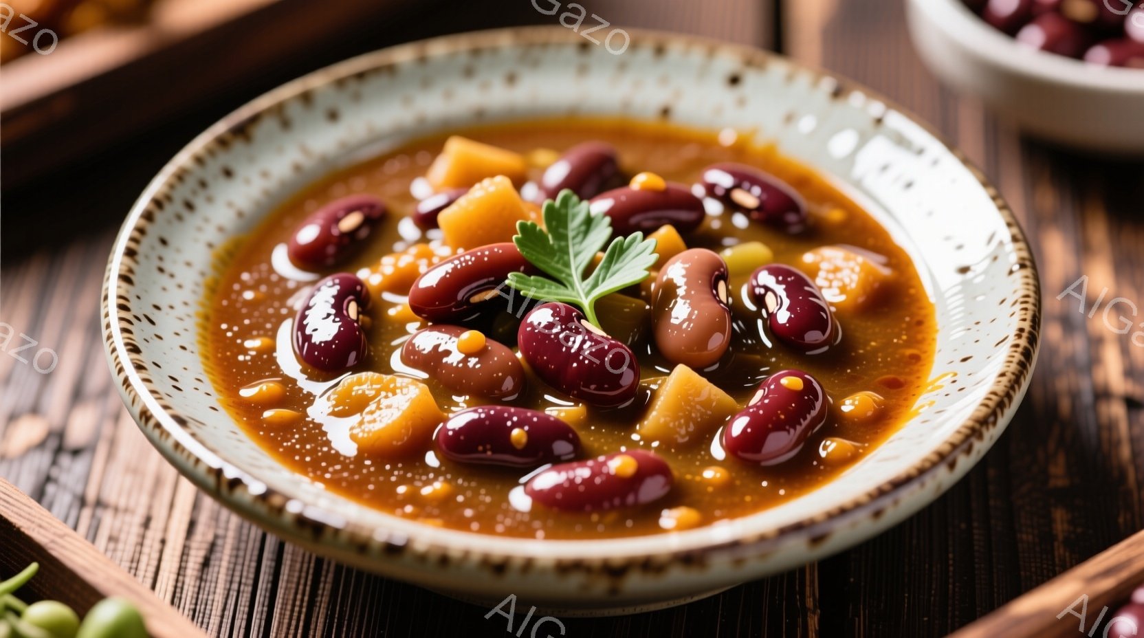 温かい色調の豆料理が、縁取りが施された陶器の浅鉢に盛り付けられています。オレンジ色や赤色の豆、角切りにした野菜がスープの中で輝き、フレッシュなハーブが添えられています。木製のテーブルが背景にあり、全体 - AI生成フリー素材