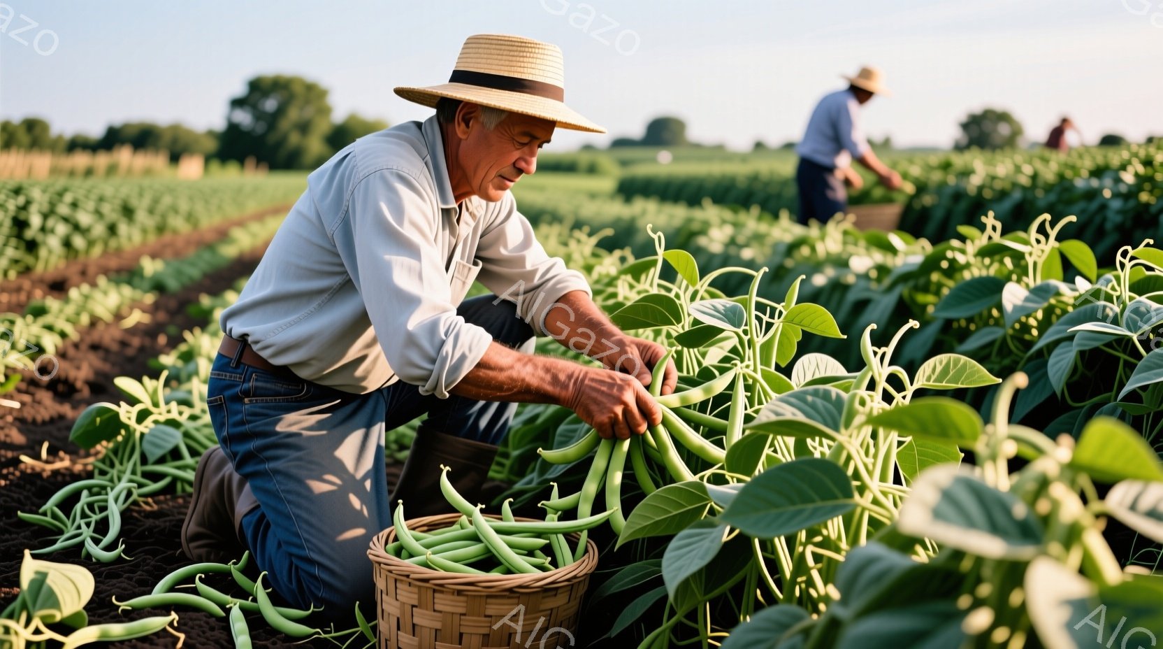 農夫が畑で豆を収穫している様子が写っている。彼は麦わら帽子と長袖シャツ、ジーンズを身につけ、地面に膝をついて、籠に豆を丁寧に収穫している。背景には緑豊かな豆畑が広がり、遠くには他の農夫の姿も見え、穏や - AI生成フリー素材