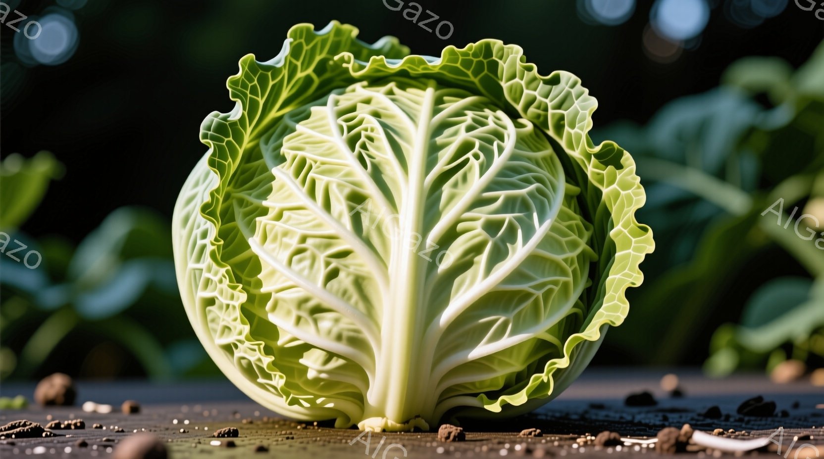 白菜が画面中央に大きく写っており、葉脈がはっきりと見える鮮やかな緑色が特徴的です。土と木のチップで覆われた地面に置かれ、背景にはぼやけた緑色の植物が見え、自然な雰囲気です。全体的に、新鮮で健康的な野菜の美しさを強調した、明るく爽やかな印象を与えます。