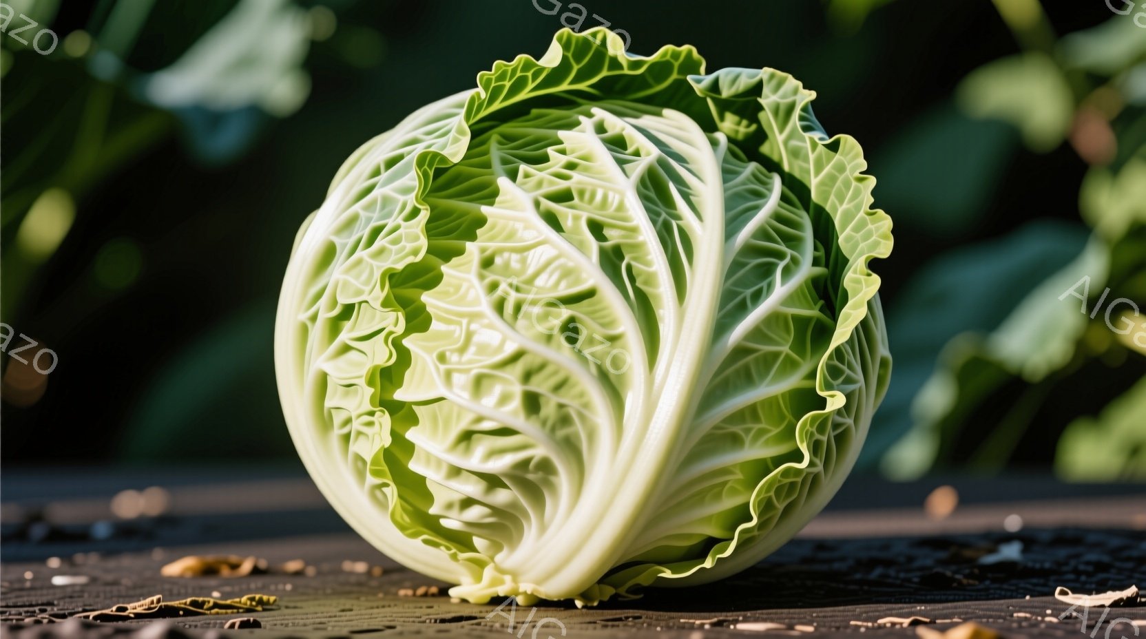 白菜が粗い木の板の上に置かれています。葉は緑と白が混ざり合い、光沢があり、複雑な模様をしています。背景はぼやけた緑色の植物で、全体的に自然で新鮮な雰囲気です。 - AI生成フリー素材