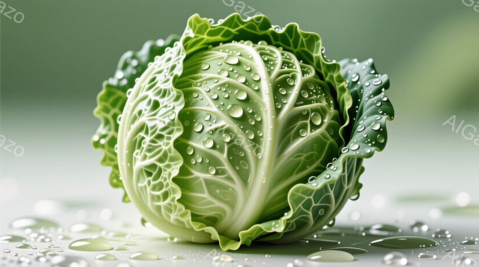 みずみずしいキャベツが、水滴で覆われた白い表面に置かれています。キャベツの葉は鮮やかな緑色で、らせん状に巻いており、全体的に丸みを帯びた形状をしています。背景は淡い緑色で、水滴が散らばっており、新鮮さ - AI生成フリー素材