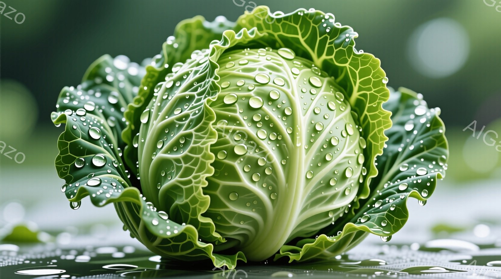鮮やかな緑色のキャベツが、水滴で覆われ、まるで宝石のように輝いている。背景はぼやけた緑色で、水面のような反射があり、キャベツが水に浸かっているかのような印象を与える。全体的に、新鮮で潤いのある、生命力溢れる雰囲気が漂っている。