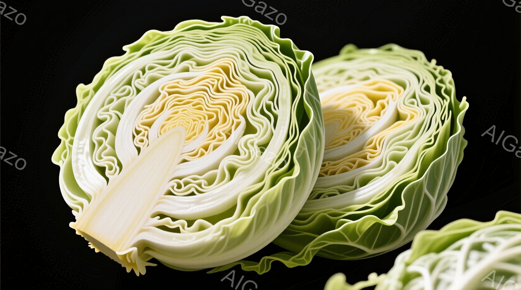 半分にカットされたキャベツが2つ写っています。葉は緑色と白色の層になっており、葉脈がはっきりと見えます。背景は暗い色調で、キャベツの鮮やかな色が際立っています。