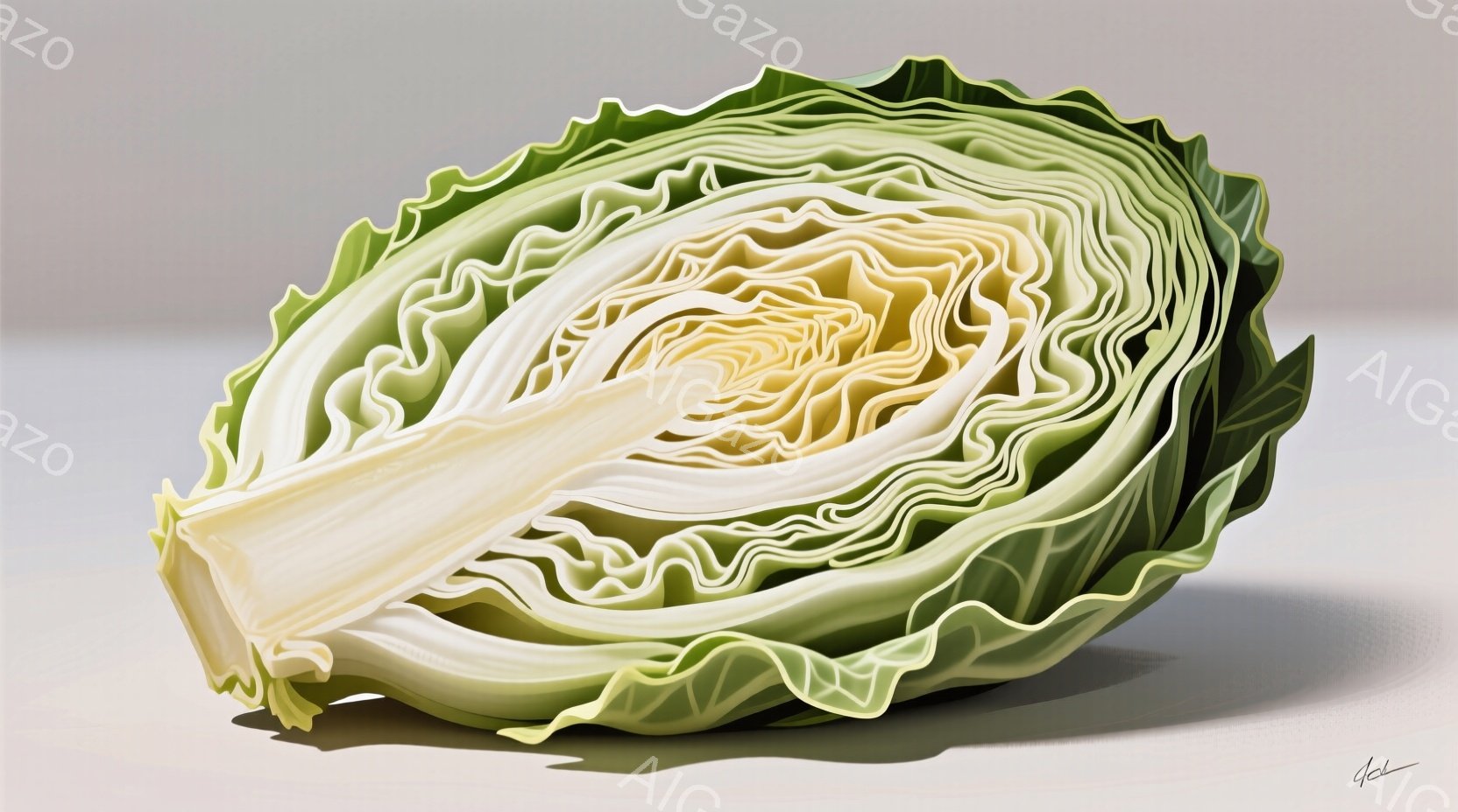 白菜の断面が、鮮やかな緑色と淡いクリーム色で表現されています。葉脈が繊細に描かれ、葉の重なりが奥行きを生み出しています。背景は白く、白菜の色彩が際立ち、まるでスタジオで撮影されたような印象を与えます。 - AI生成フリー素材