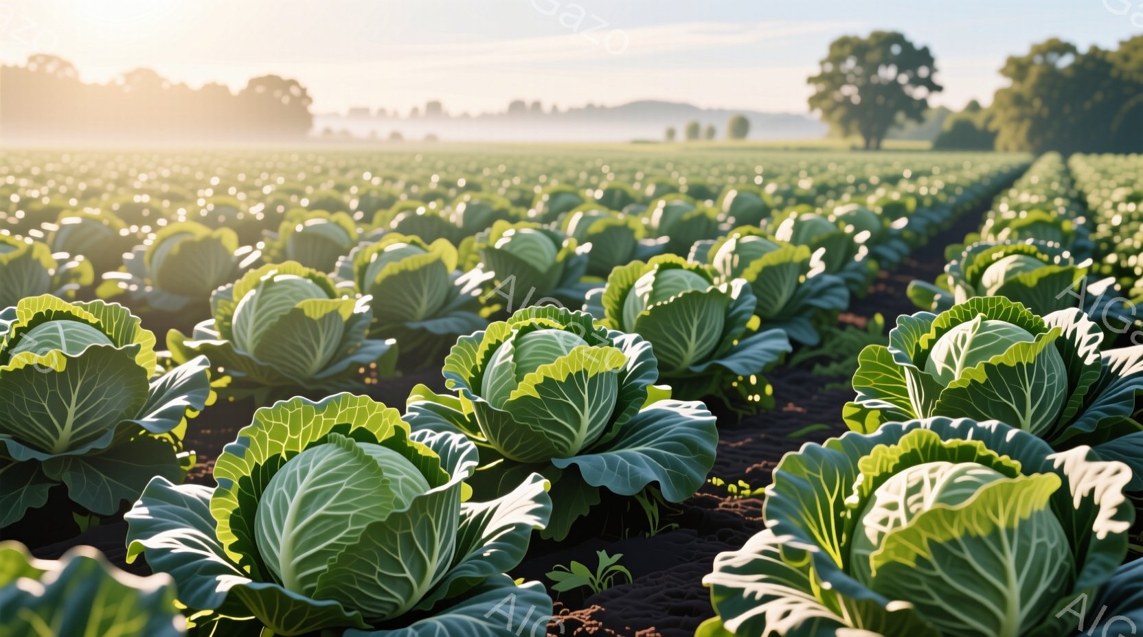 広大なキャベツ畑が広がり、みずみずしい緑色の葉が整然と並んでいる。背景にはぼんやりとした木々が見え、朝日の光が畑全体を優しく照らしている。全体的に穏やかで、豊穣な自然の恵みを感じさせる静かな光景だ。 - AI生成フリー素材