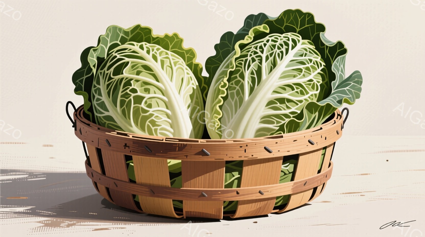 編まれたバスケットいっぱいのキャベツが写っています。キャベツは鮮やかな緑色で、葉脈がはっきりと見えます。バスケットは茶色で、影が長く伸びており、平らな明るいベージュ色の表面に置かれています。 - AI生成フリー素材