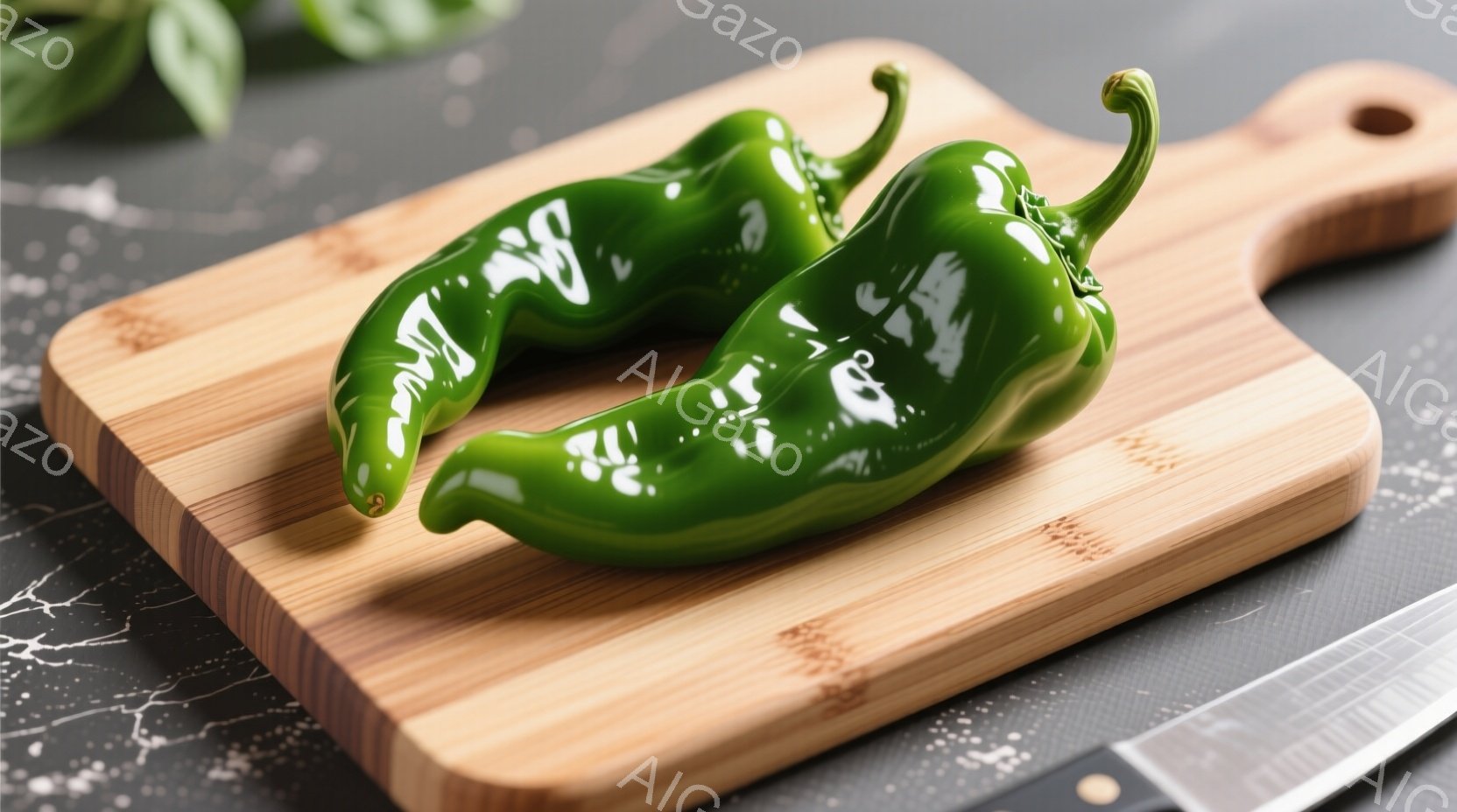 2つの緑色のピーマンが、木製のまな板の上に置かれています。ピーマンは鮮やかな緑色で光沢があり、わずかに湾曲した形をしています。まな板の周りには白っぽい粉末が散らばっており、背景はグレーがかった色合いで - AI生成フリー素材