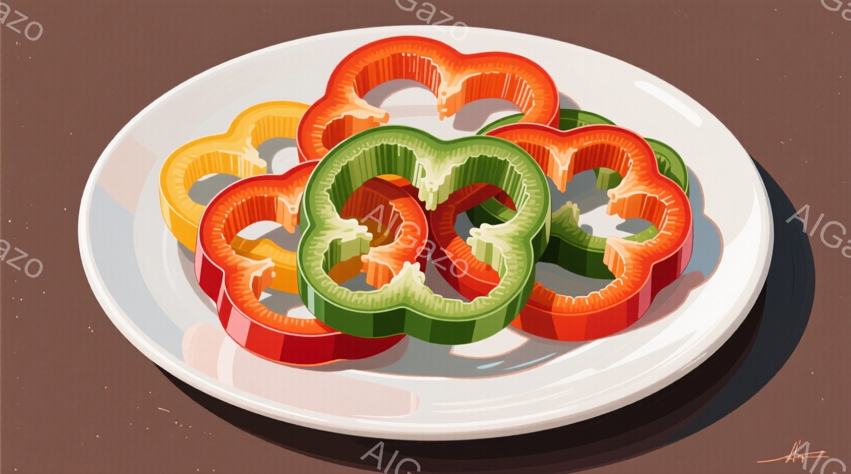 白い皿の上に、赤、黄、緑のピーマンのスライスが並べられています。ピーマンは種を取り除かれ、リング状にカットされており、鮮やかな色彩が食欲をそそります。影の描写から、強い光が上から照らされている様子が伺え、シンプルな背景がピーマンの存在感を際立たせています。