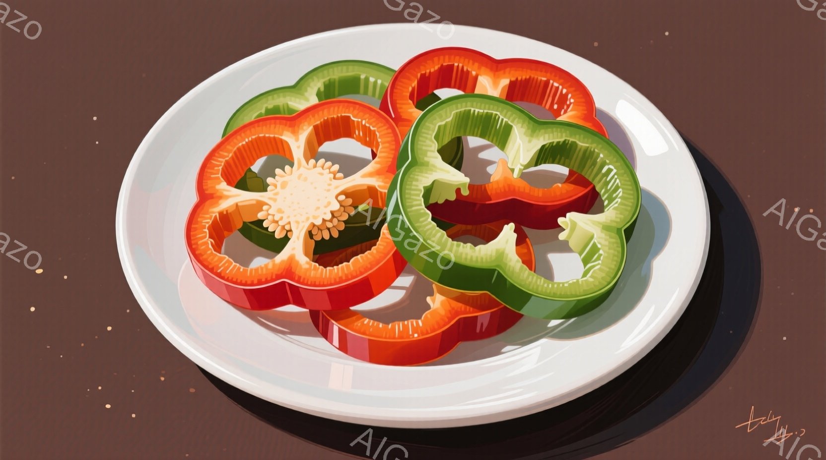 白い皿に、赤と緑のパプリカのスライスが並べられています。パプリカは中央で種を取り除かれ、断面からは種と白い膜が見えます。背景は濃い茶色で、皿に影が落ち、鮮やかなパプリカの色が際立っています。