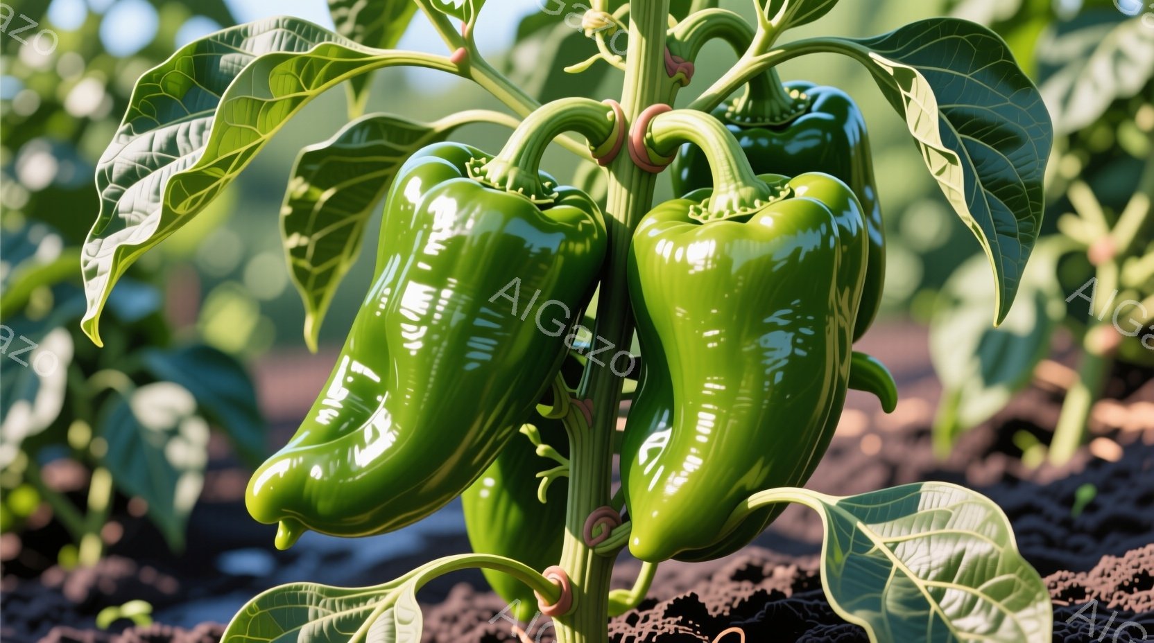 画像は緑色のピーマンが実った植物のクローズアップです。土壌が露出した畑の中で、緑の葉と茎に支えられた３つのつややかなピーマンが鮮やかに映えています。背景には他の植物がぼやけており、日中の農園の穏やかな雰囲気が漂っています。