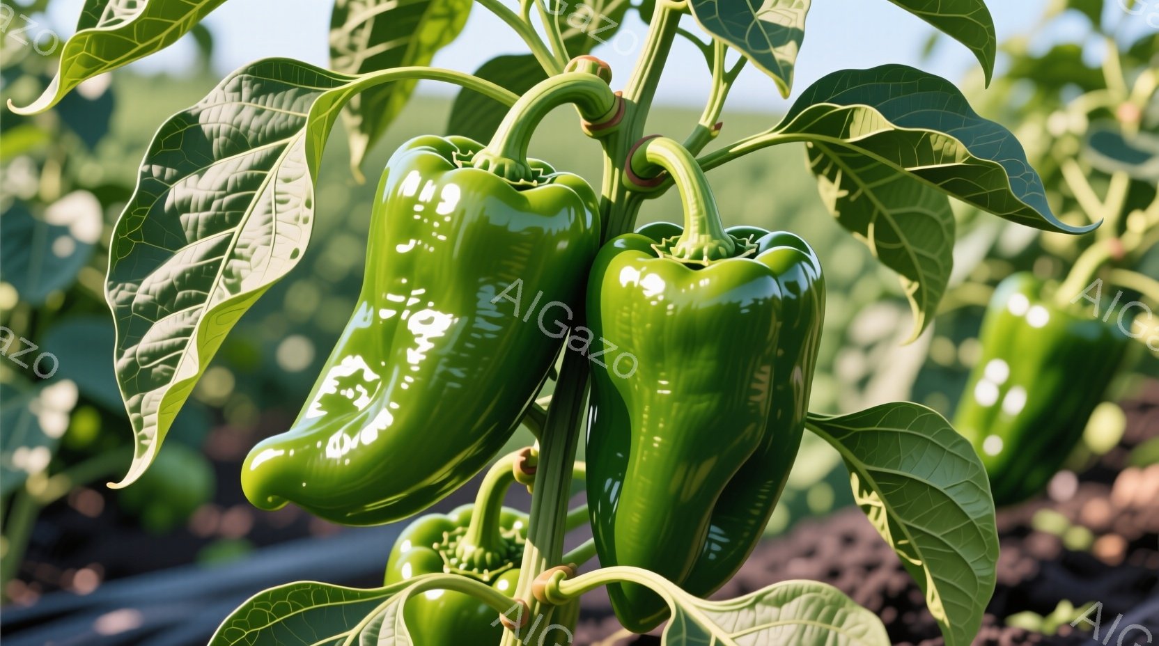 鮮やかな緑色のピーマンが茎に実っています。葉は濃い緑色で、光沢があり、背景には黒いビニールマルチと畑が広がっています。全体的に明るい日差しの中で、活気のある農園の雰囲気が伝わってきます。 - AI生成フリー素材