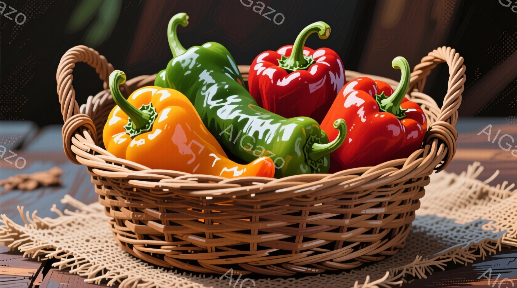 籠の中に赤、黄、緑のパプリカがぎっしりと詰まっています。籠は編み込みの模様が特徴的で、素朴なテーブルクロスの上に置かれています。全体的に明るい色調で、新鮮な食材が魅力的に表現されています。