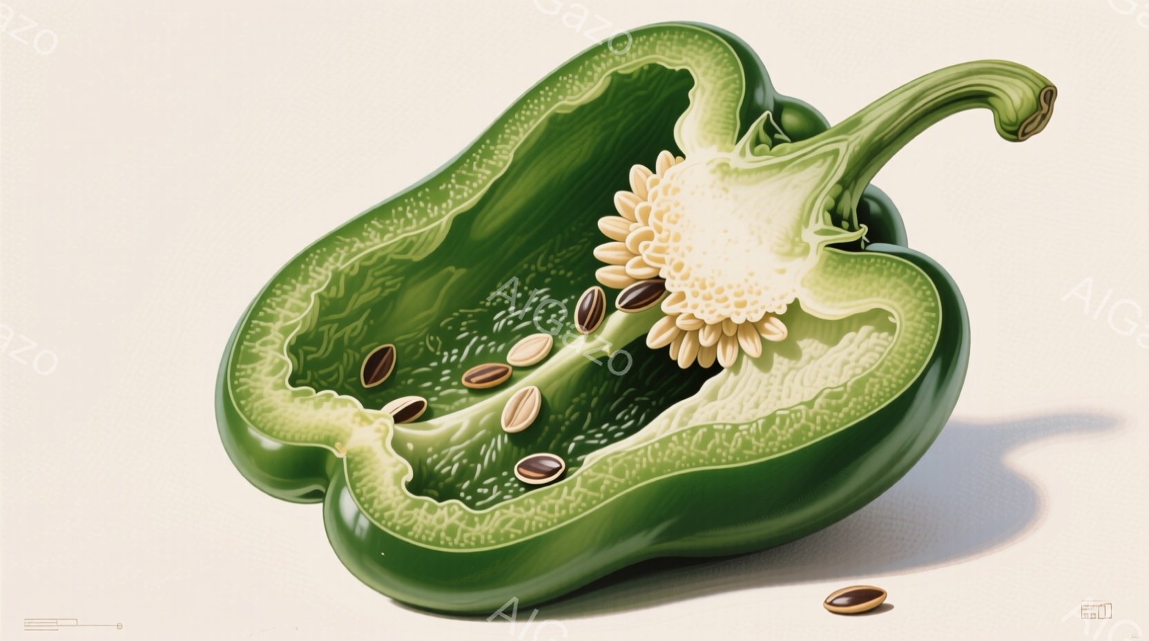 深緑色のピーマンが半分に切られており、内部の白い果肉と種子が露出している。種子は茶色で様々な形をしており、果肉には細かな筋模様が確認できる。背景は明るいベージュ色で、影が柔らかく落とされており、ピーマ - AI生成フリー素材