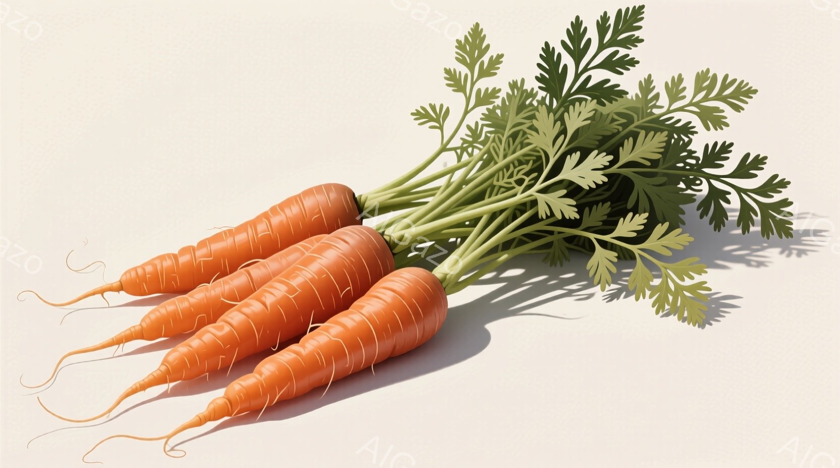 オレンジ色のニンジンが数本、緑色の葉っぱとともに写っています。ニンジンは地面から引き抜かれたように、土が付着している様子が表現されています。全体的に影が落ちており、自然な光の下で撮影されたかのような雰囲気が漂っています。