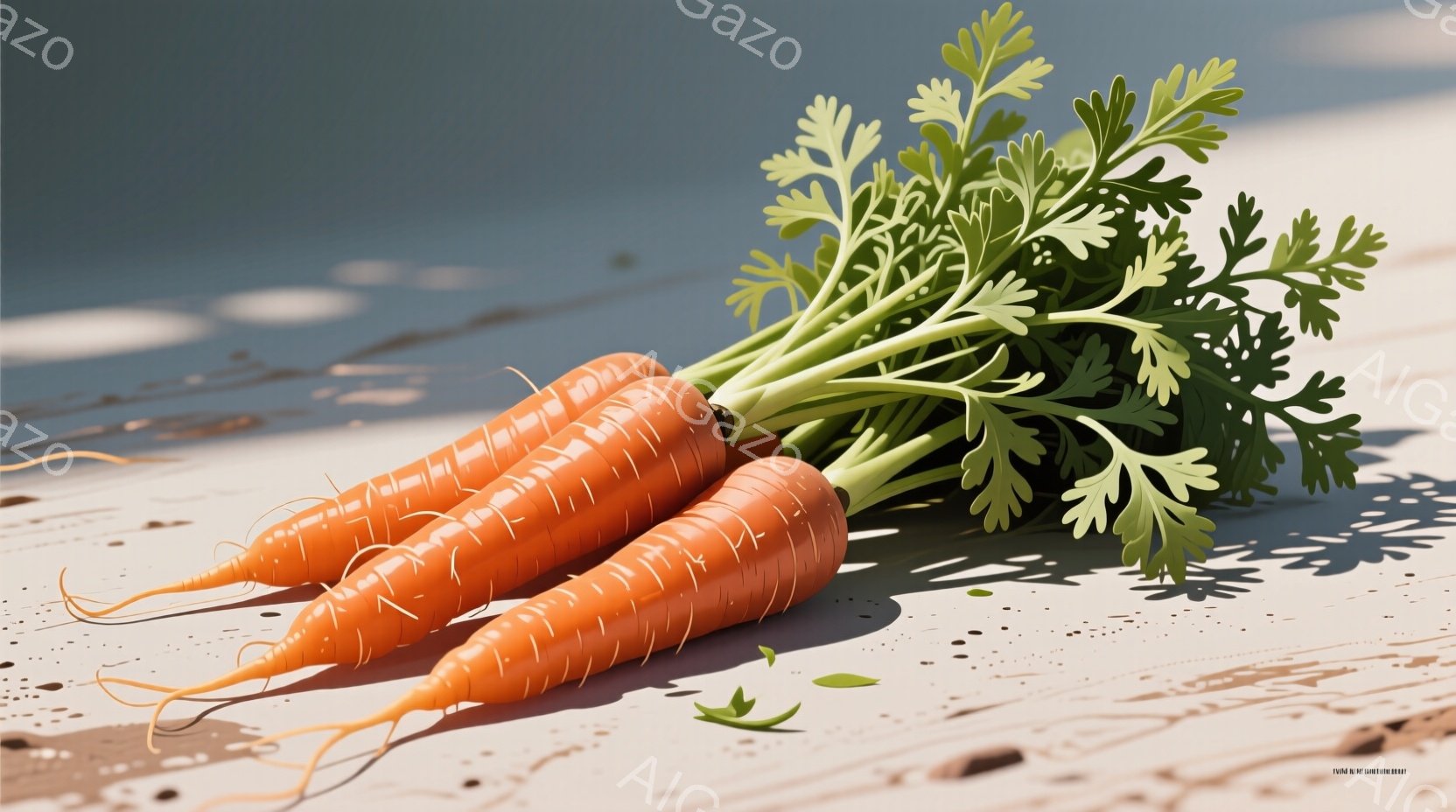 鮮やかなオレンジ色のニンジンが数本、土の上に横たわっている様子が写っている。緑色の葉が豊かに茂り、太陽光の下で影が伸びている。背景はぼやけた土の質感で、全体的に自然で健康的な雰囲気を醸し出している。 - AI生成フリー素材