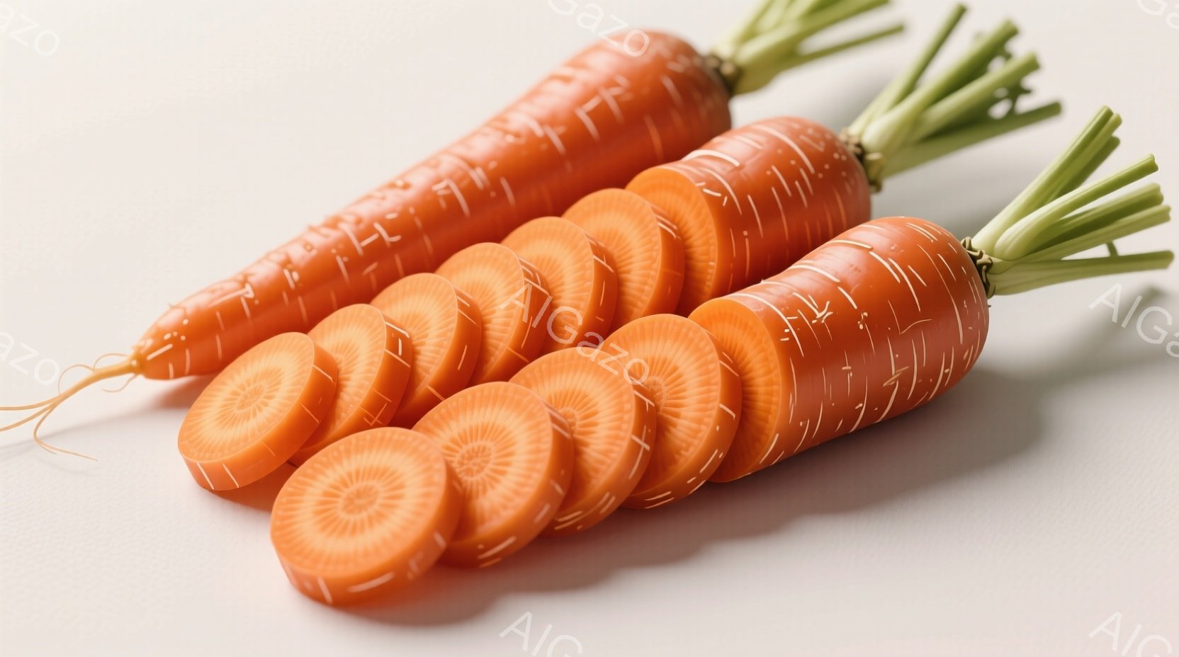 細長くオレンジ色のニンジンが、円形にスライスされ、横一列に並べられています。根元には緑色の葉が数本ついており、背景は白く、シンプルで清潔な印象を与えます。全体的に、ニンジンが新鮮で、食欲をそそる様子が伝わってきます。