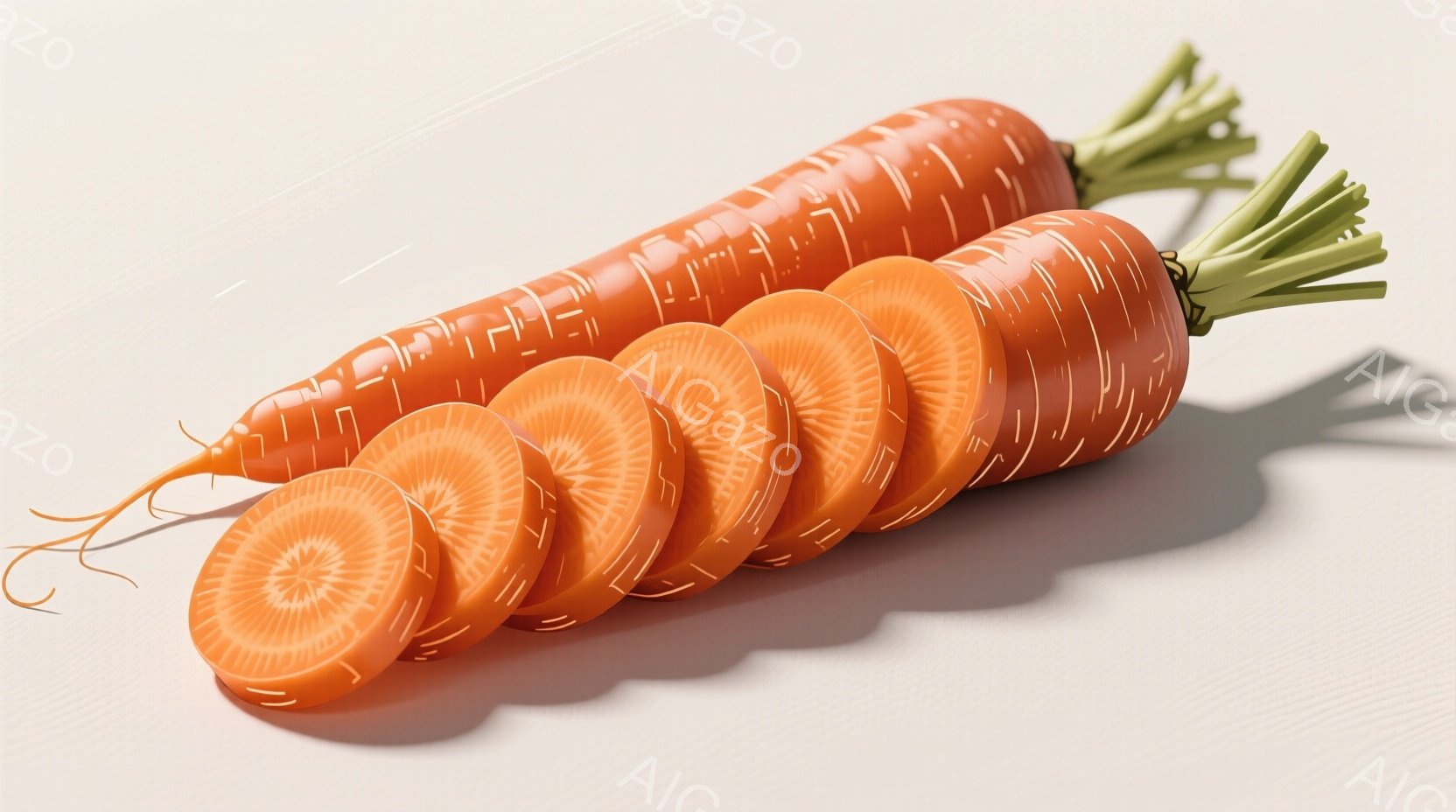 切り分けたニンジンが横一列に並んでいる様子を捉えています。オレンジ色のニンジンは、根元に緑色の葉が付いており、切断面から見える淡いオレンジ色の模様が特徴的です。背景は淡いベージュ色で、影が薄く落ち、全 - AI生成フリー素材