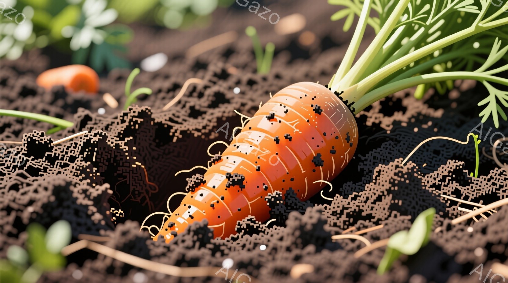 鮮やかなオレンジ色のニンジンが土の中から顔を出しています。土は黒っぽく、乾燥した藁のようなものも混ざっています。背景にはぼやけた緑色の葉がいくつか見え、畑の土の中に生えている様子が伝わってきます。