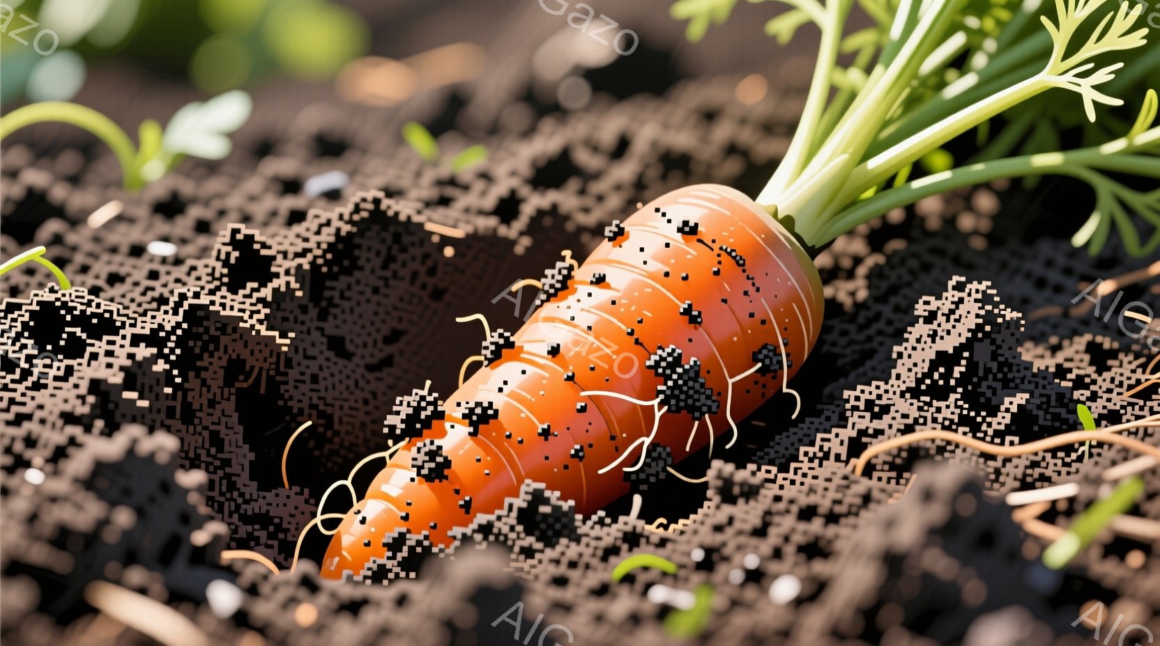 土の中から引き抜かれたばかりのオレンジ色のニンジンが写っている。根元には土が付き、緑色の葉が元気よく伸びている。背景は茶色い土で、全体的に自然で新鮮な雰囲気が漂っている。