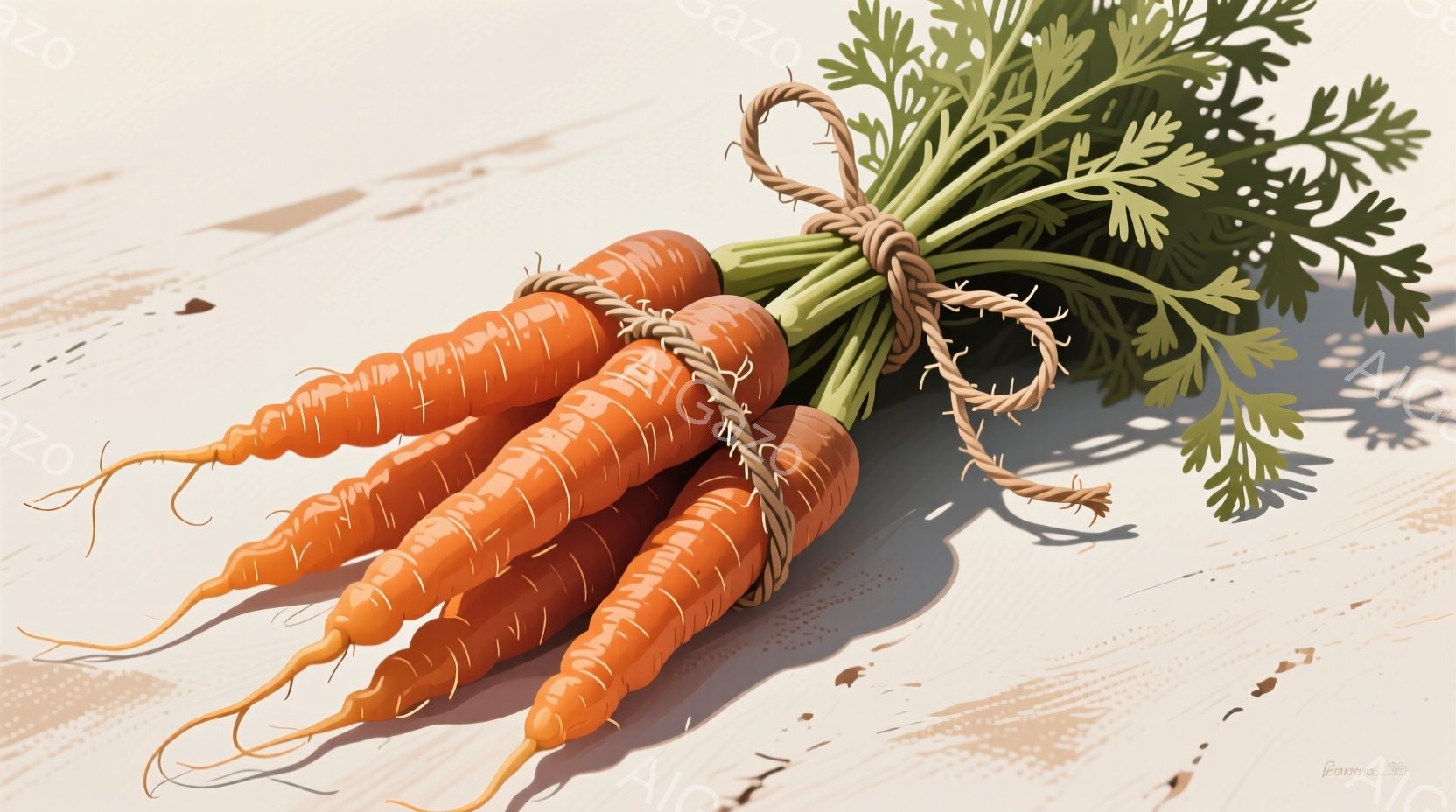 鮮やかなオレンジ色のニンジンが数本、緑色の葉が付いた状態で束ねられています。背景は白木の板で、影が落ちており、自然光の下で撮影されたようです。全体的に、新鮮で素朴な雰囲気が漂っています。 - AI生成フリー素材