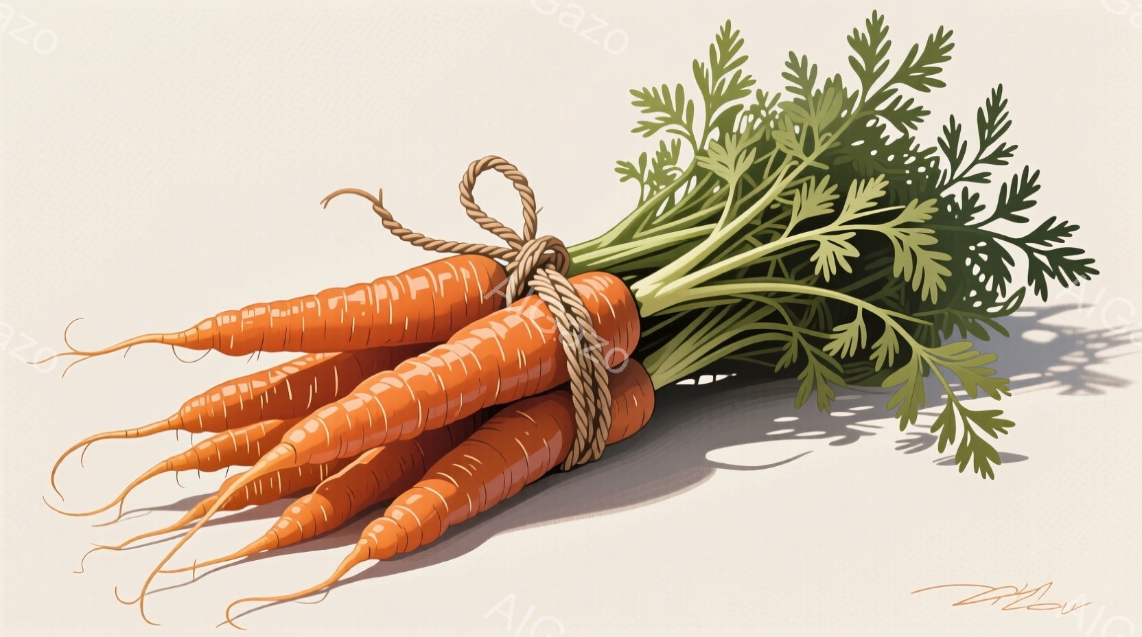 鮮やかなオレンジ色のニンジンが数本、緑色の葉と茎が付いた状態で束ねられています。ニンジンは土から引き抜かれたばかりのように見え、自然な土の影がわずかに見えます。背景は薄いベージュ色で、ニンジンが際立っており、全体的に新鮮で自然な雰囲気を醸し出しています。