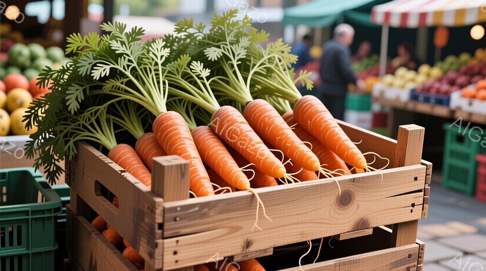 新鮮な人参が木製の箱にぎっしりと並べられています。背景には、様々な果物や野菜が並んだ市場の様子が見え、ぼやけた人影も確認できます。全体的に明るく活気のある市場の雰囲気が伝わってきます。 - AI生成フリー素材