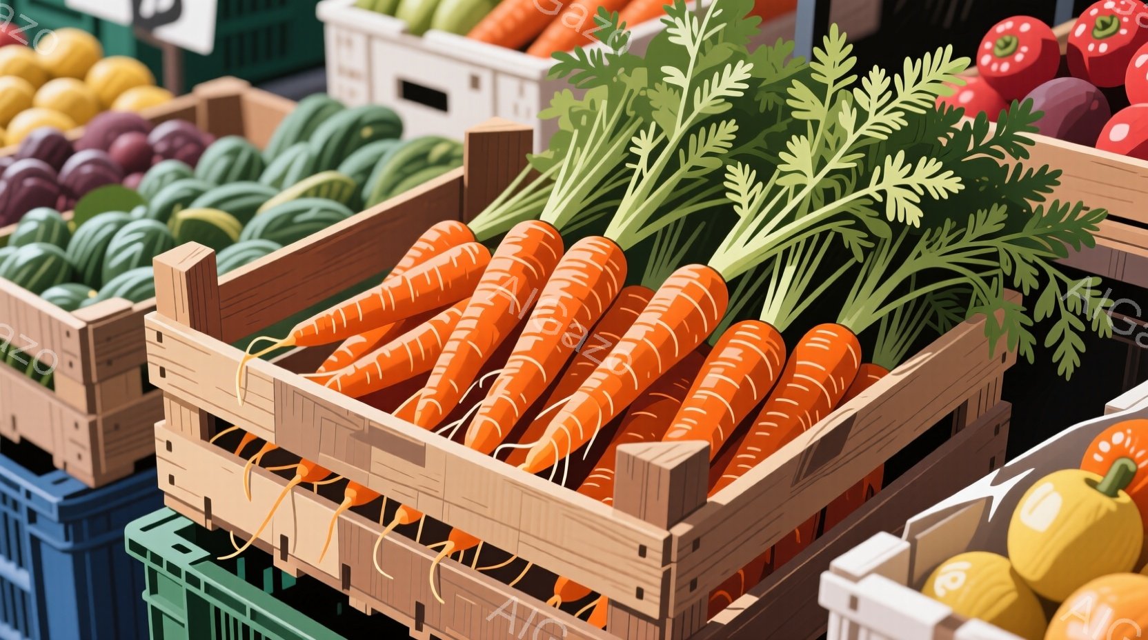 鮮やかなオレンジ色のニンジンが木製の箱にぎっしりと並んでいます。背景には、紫色のナスや緑色の野菜、赤いトマトなどが他の箱に詰められている様子がぼんやりと見え、活気のある市場の雰囲気が伝わってきます。全体的に暖かく、新鮮な農産物が並ぶ豊かさを感じさせるイメージです。