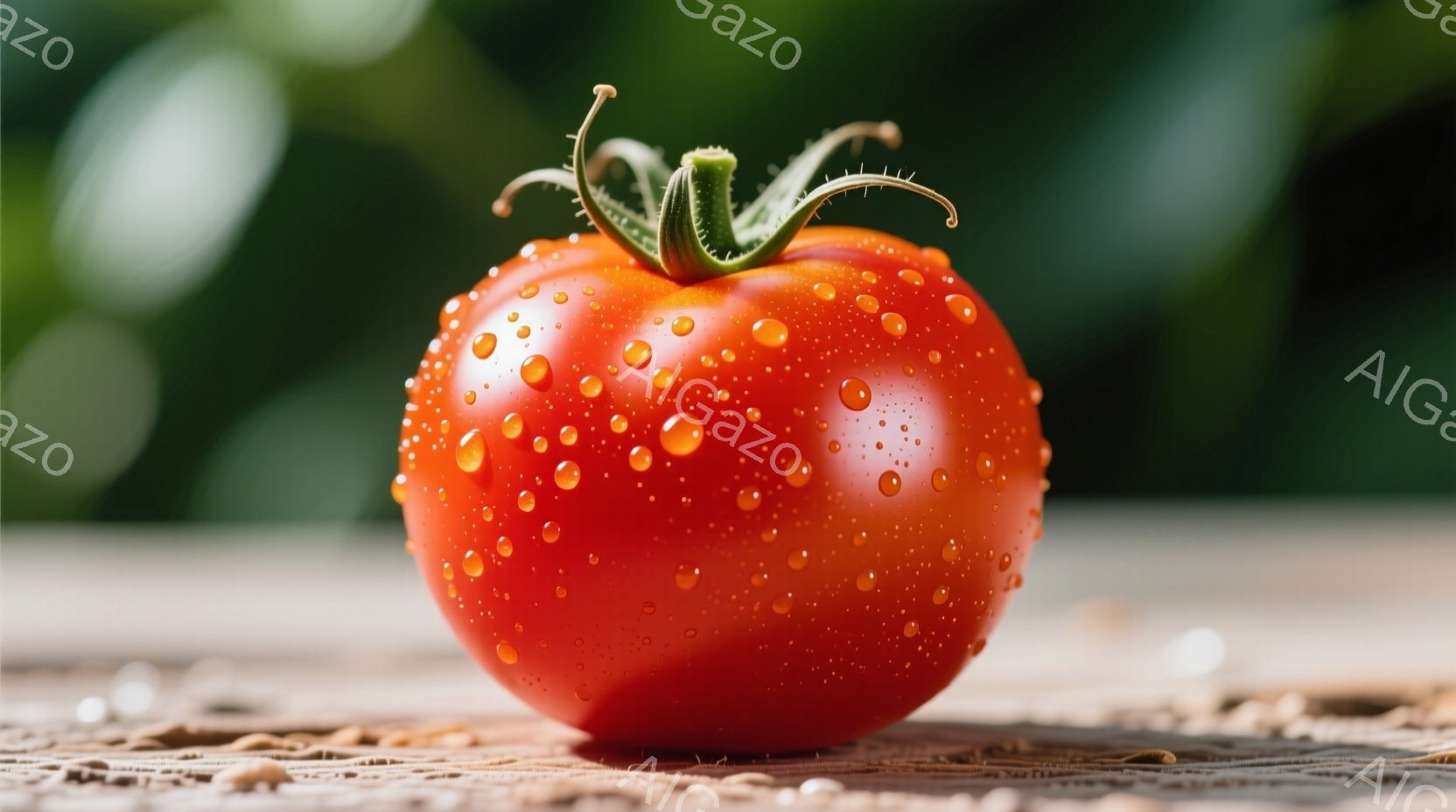 鮮やかな赤色のトマトが、水滴をまとって画面中央に配置されている。背景はぼやけた茶色の表面と緑色の植物で、自然な光が柔らかく全体を照らしている。全体的に、みずみずしく、新鮮な印象を与えるクローズアップ写 - AI生成フリー素材