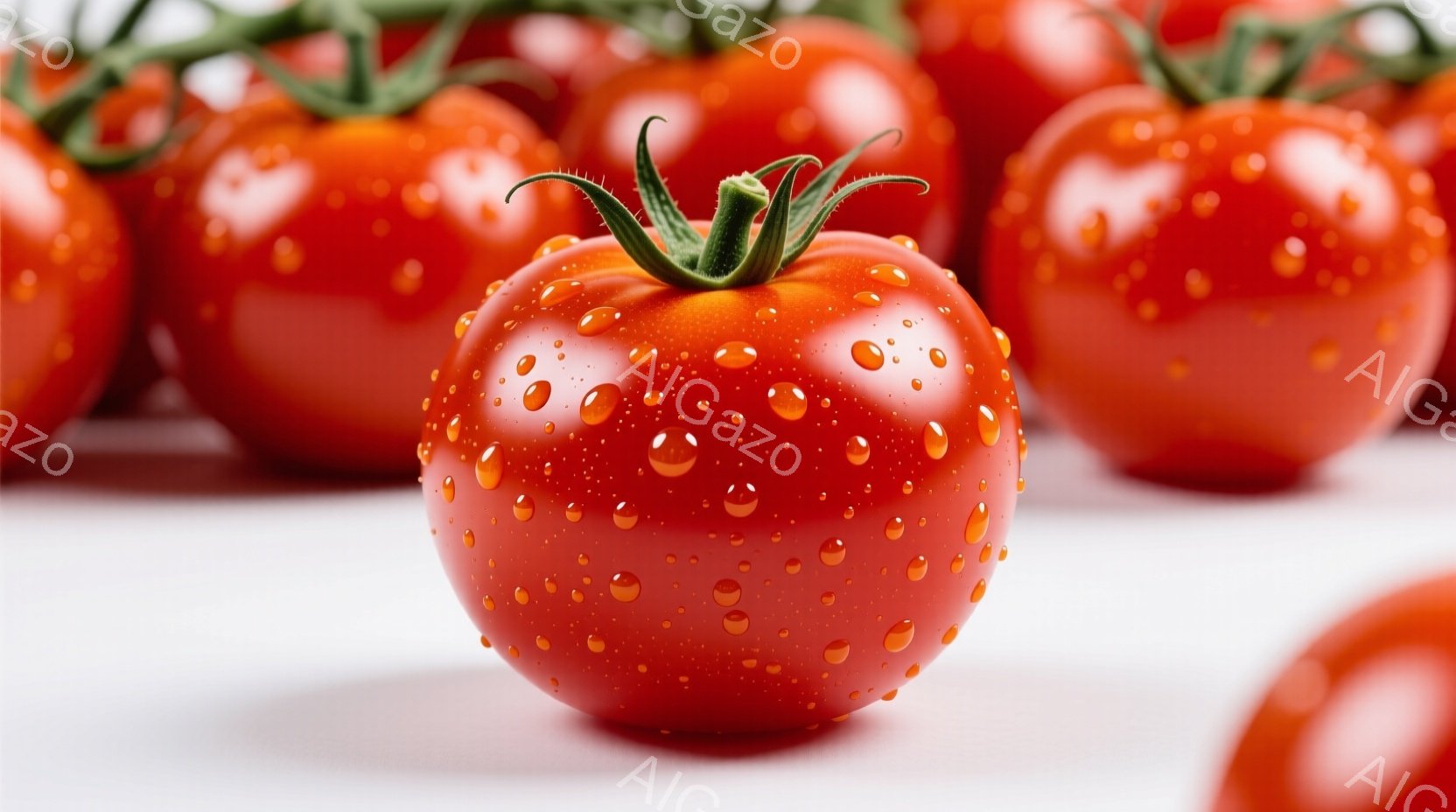 赤く熟したトマトが数個、白い背景の上に並べられています。各トマトの表面には水滴が付き、まるで洗われたばかりのように見えます。全体的に瑞々しく、新鮮な印象を与える写真です。 - AI生成フリー素材