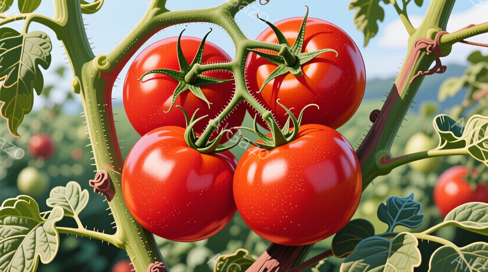 鮮やかな赤いトマトが茎に実っている様子が描かれている。トマトは丸く、瑞々しく、表面には小さな斑点が見られる。背景には緑の葉や茎が広がり、明るい日差しの中で、生命力に満ちた雰囲気が感じられる。