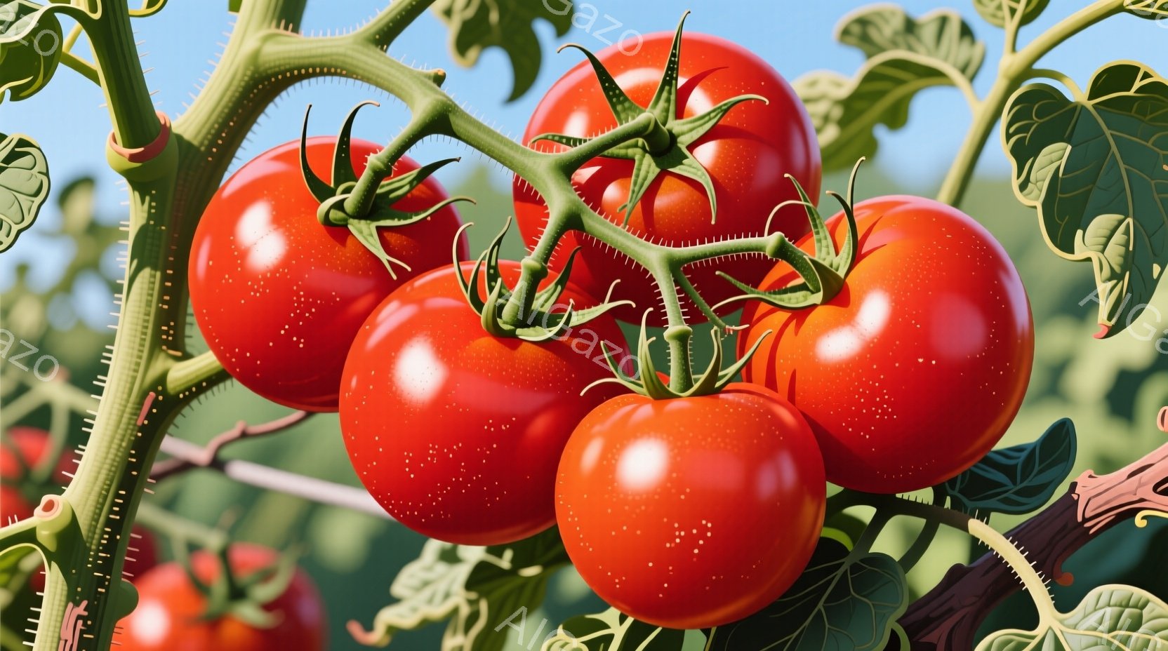 鮮やかな赤いトマトが、緑色の茎と葉に囲まれて写っています。トマトは熟れており、表面には小さな斑点が見られます。背景は明るい空と緑豊かな植物で、全体的に健康的で自然な雰囲気を醸し出しています。 - AI生成フリー素材