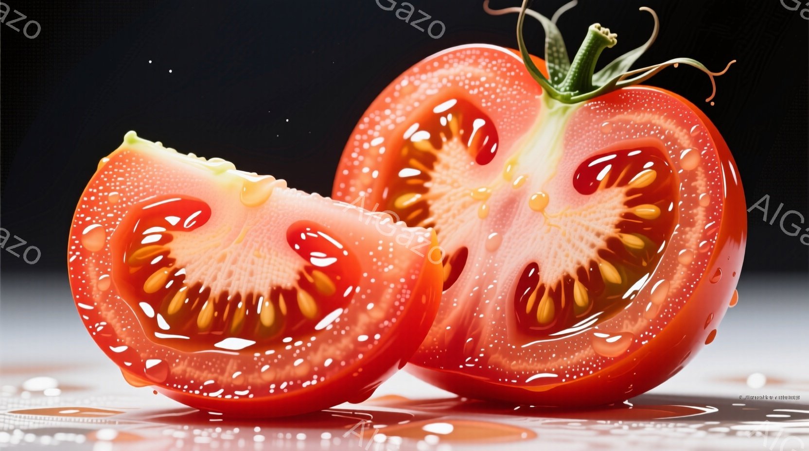 赤く熟したトマトが半分にカットされ、瑞々しい断面が印象的だ。トマトの表面には水滴が光り、まるで生きているかのような新鮮さを感じさせる。背景は暗く、トマトの鮮やかな赤色が際立っている。 - AI生成フリー素材