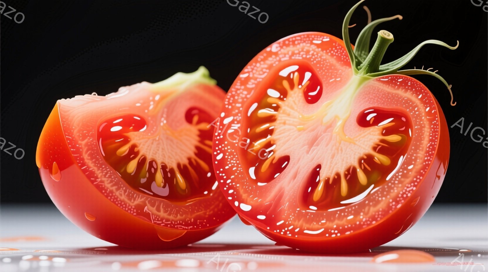 鮮やかな赤いトマトが半分にカットされ、2つ並んで配置されています。トマトの断面からは瑞々しい果肉と種が露出し、水滴が表面に付着して、新鮮さを強調しています。背景は暗く、トマトの鮮やかな色が際立っており、全体的にシンプルで洗練された雰囲気です。