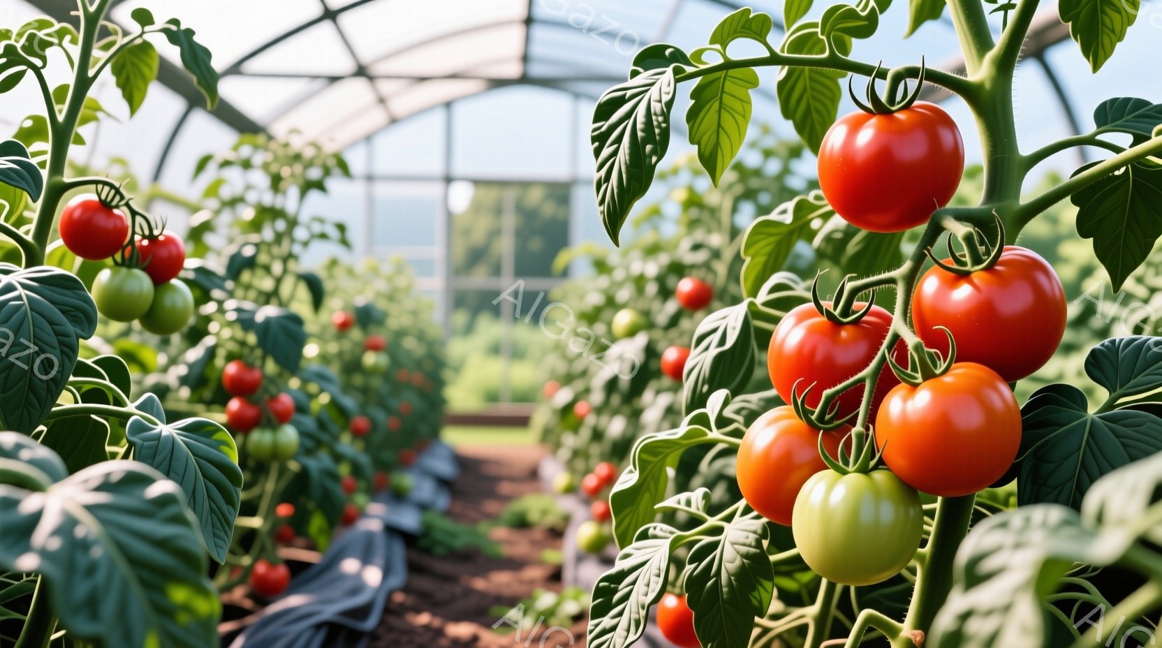 鮮やかな赤いトマトが、緑色の葉に囲まれたトマトのつるに実っています。背景には、トマトが植えられた列が続き、透明な屋根を持つ温室の構造が見えます。全体的に、太陽の光が差し込み、豊かな作物が育つ、穏やかで自然な雰囲気が漂っています。