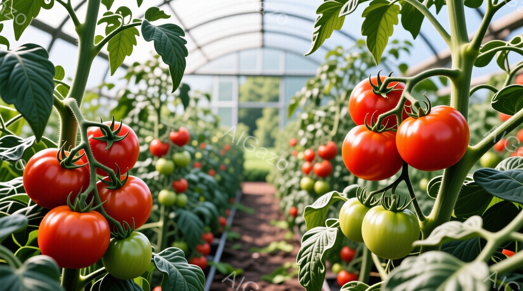 温室の中でトマトが実った枝が写っている。赤く熟したトマトと、まだ緑色のトマトが混在し、成長の段階が伺える。温室の構造が背景に広がり、整然とした畝が奥行きを強調している。