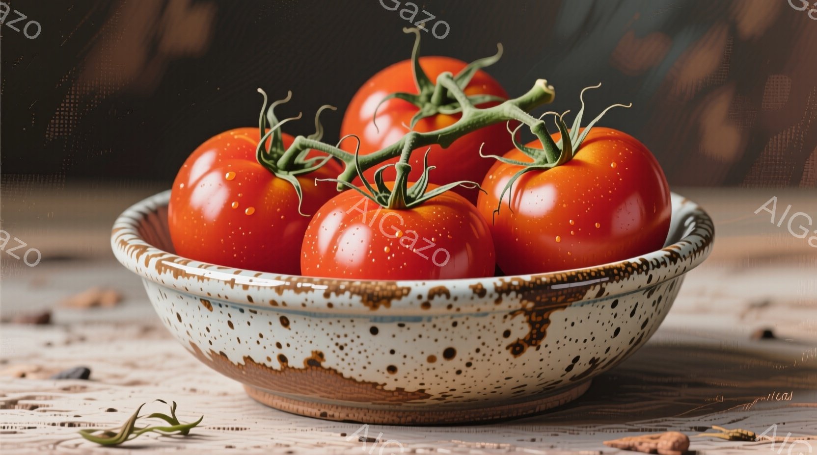 陶器のボウルに、つるが繋がった赤いトマトがいくつか盛られています。ボウルは茶色とクリーム色のまだら模様で、少し古びた風合いがあります。背景は木製のテーブルで、全体的に暖かく素朴な雰囲気です。 - AI生成フリー素材