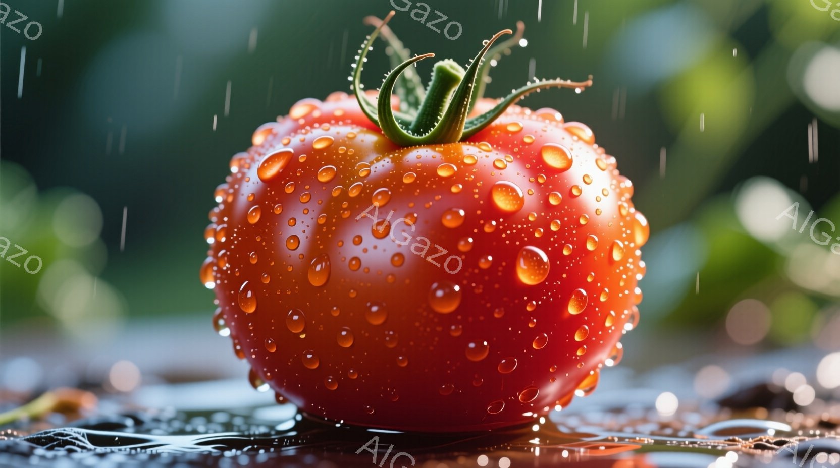 鮮やかな赤色のトマトが、雨粒で覆われています。トマトの表面には水滴がキラキラと輝き、瑞々しさを強調しています。背景は緑の葉がぼやけており、雨の日の自然を感じさせる、清々しい雰囲気です。