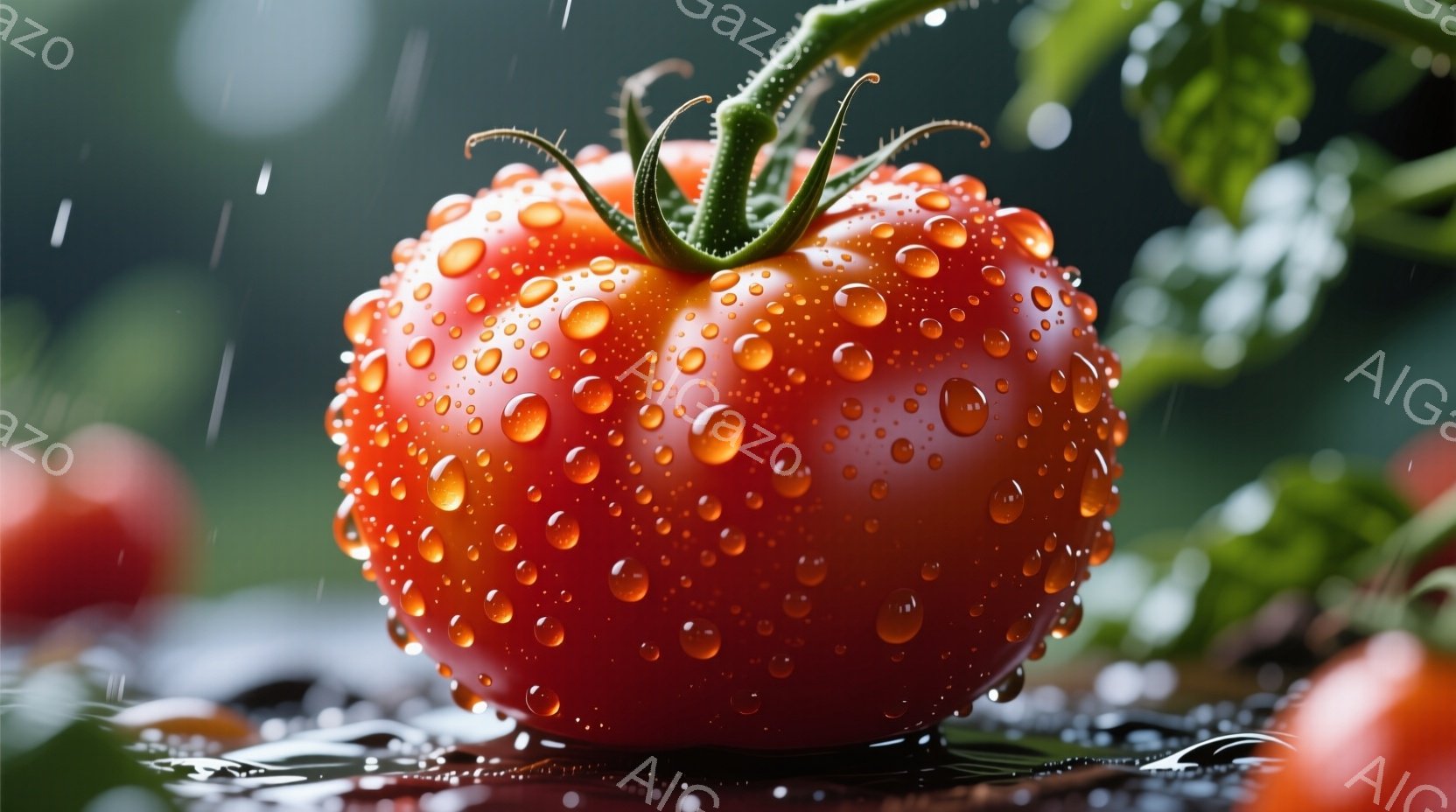 鮮やかな赤いトマトが、雨粒で覆われて画面中央に大きく写っている。背景には緑の葉と他のトマトがぼやけて見え、雨が降っていることがわかる。全体的に、みずみずしく、自然な雰囲気を感じさせる写真である。