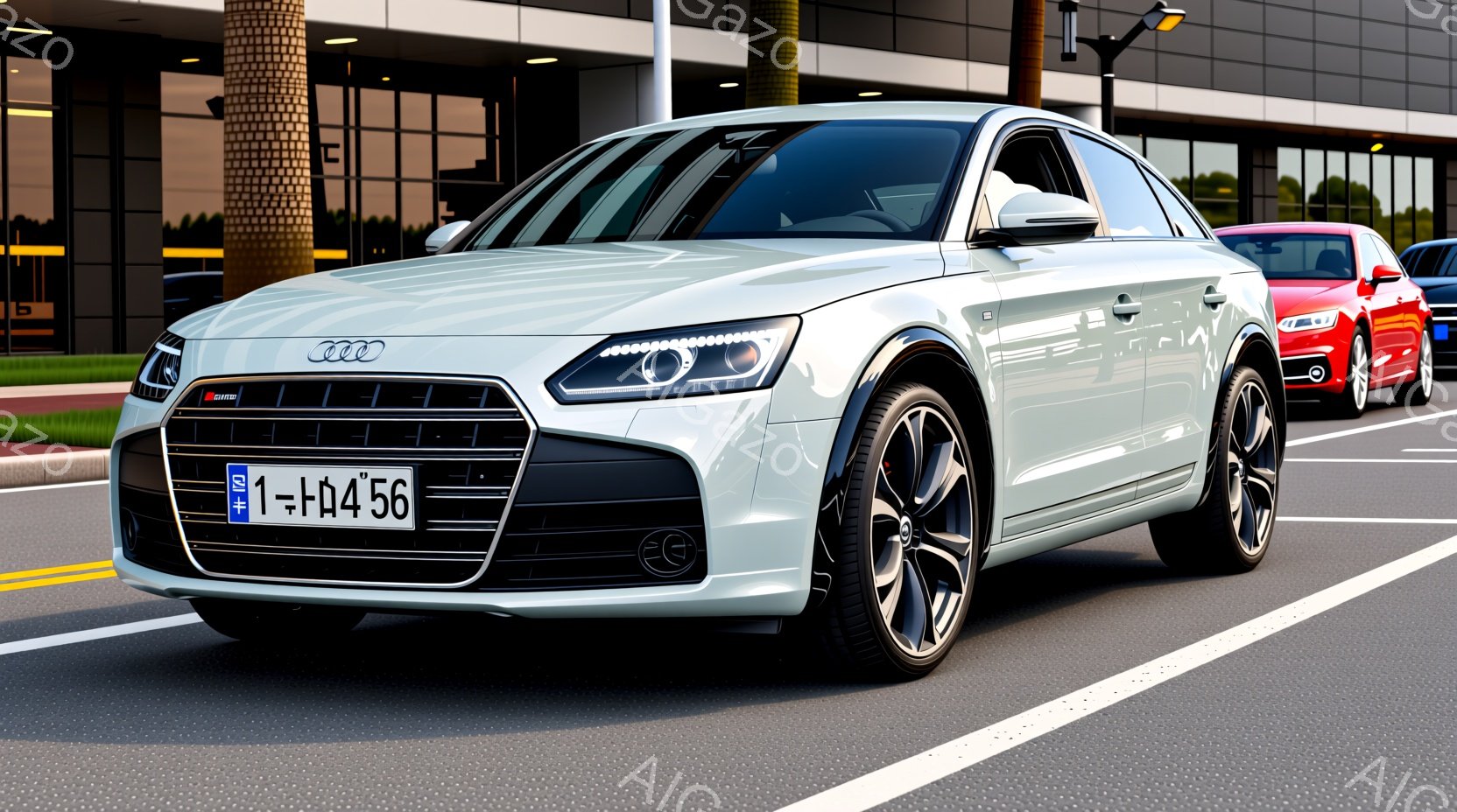 白いアウディの車がアスファルトの駐車場に駐車されています。車のフロントグリルは黒く、ホイールはスポーティーなデザインです。背景には近代的な建物と緑の芝生が見え、晴天で明るい雰囲気です。
