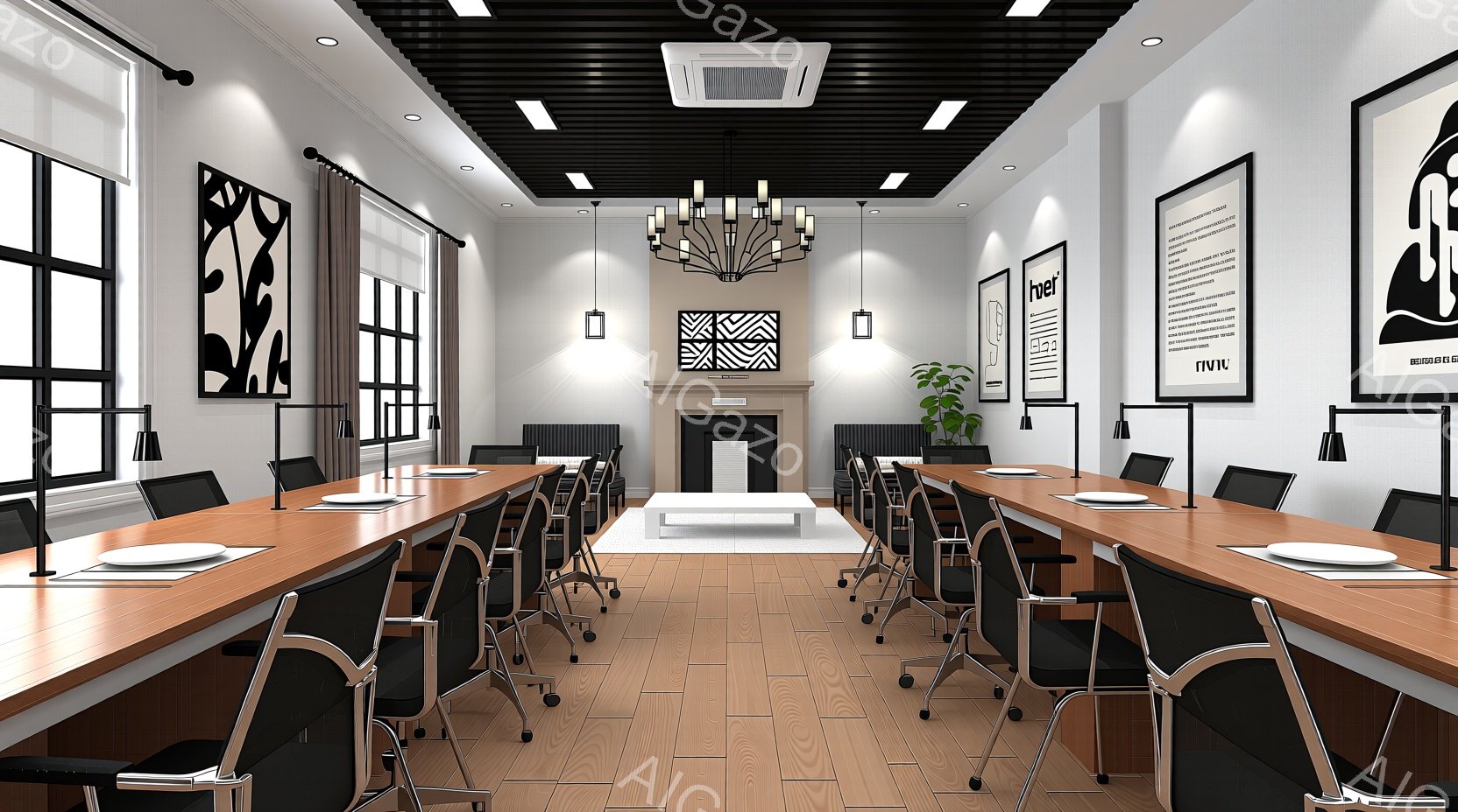 広々とした会議室で、木目のフローリングと白い壁が印象的です。部屋の中央には大きなテーブルが2つ並べられ、周囲には黒いオフィスチェアが整然と並んでいます。壁には抽象的な模様が描かれたアートワークが飾られ - AI生成フリー素材