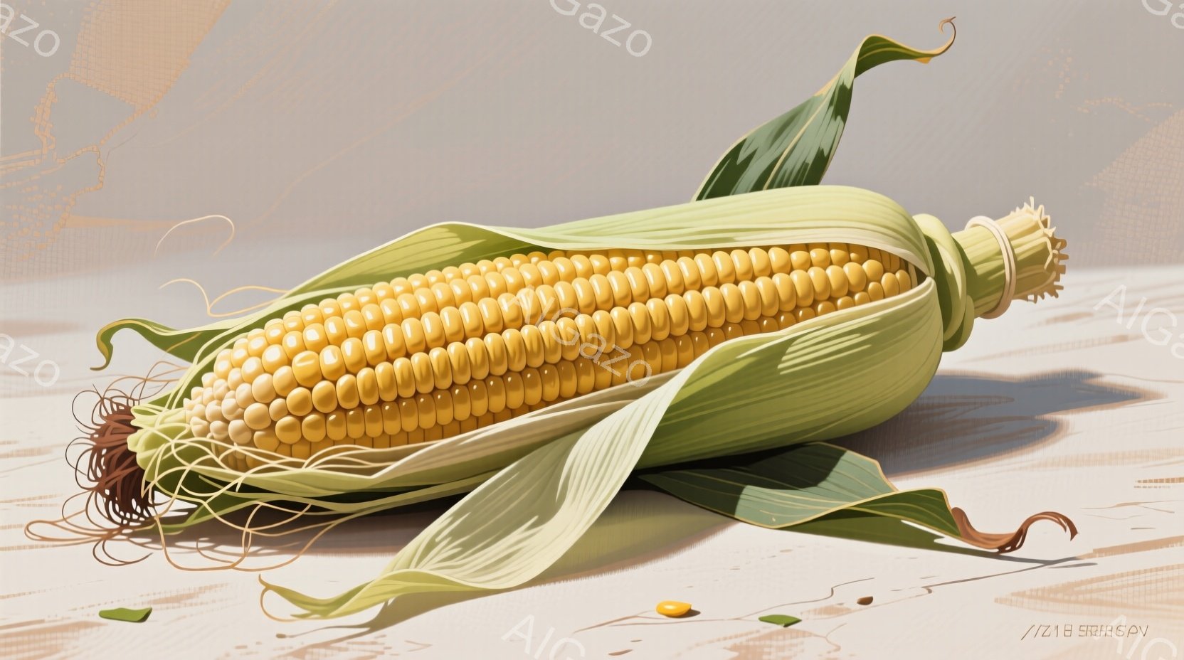 広大なトウモロコシ畑が広がり、緑色の葉が太陽の下で力強くそびえ立っています。遠くには緑豊かな丘と青い空が広がり、白い雲が浮かんでいます。全体的に暖かく、穏やかで、夏の田園風景の雰囲気が漂います。