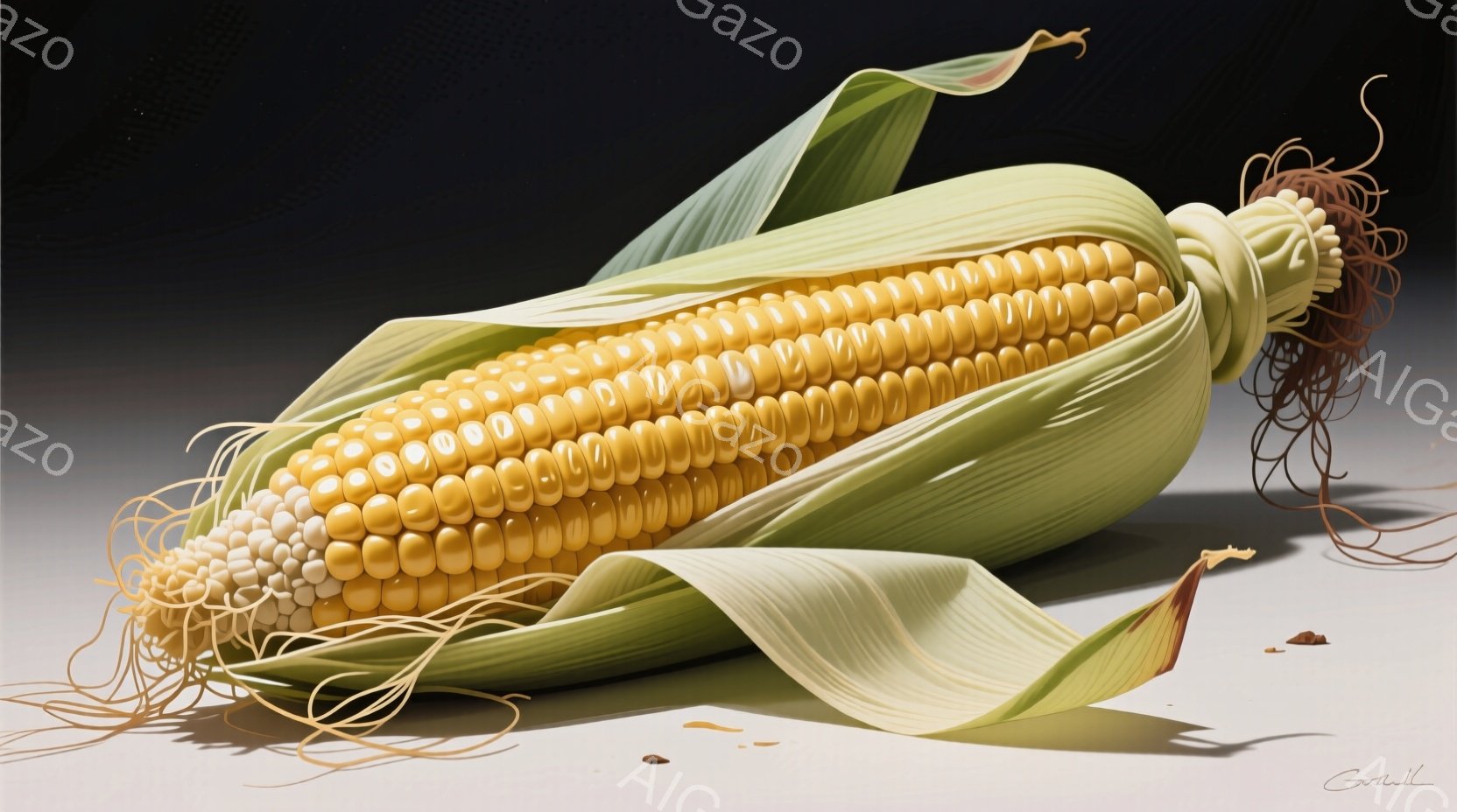 鮮やかな黄色のトウモロコシが、緑色の皮の一部が剥がれて露わになっています。乾燥した茶色のひげ根が周りに散らばり、背景はグレーグラデーションで、影が落ちています。全体的に、実りの秋の豊かさを感じさせる、シンプルで自然な静物画です。