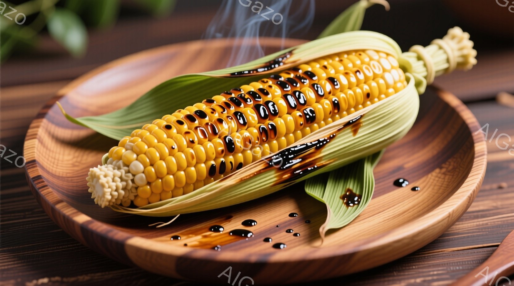 焼きトウモロコシが、緑色の葉に包まれて木製の皿に盛られています。照り輝く黒いソースがトウモロコシ全体にかけられ、湯気が立ち上っています。背景は暗い木製のテーブルで、全体的に暖かく食欲をそそる雰囲気です。