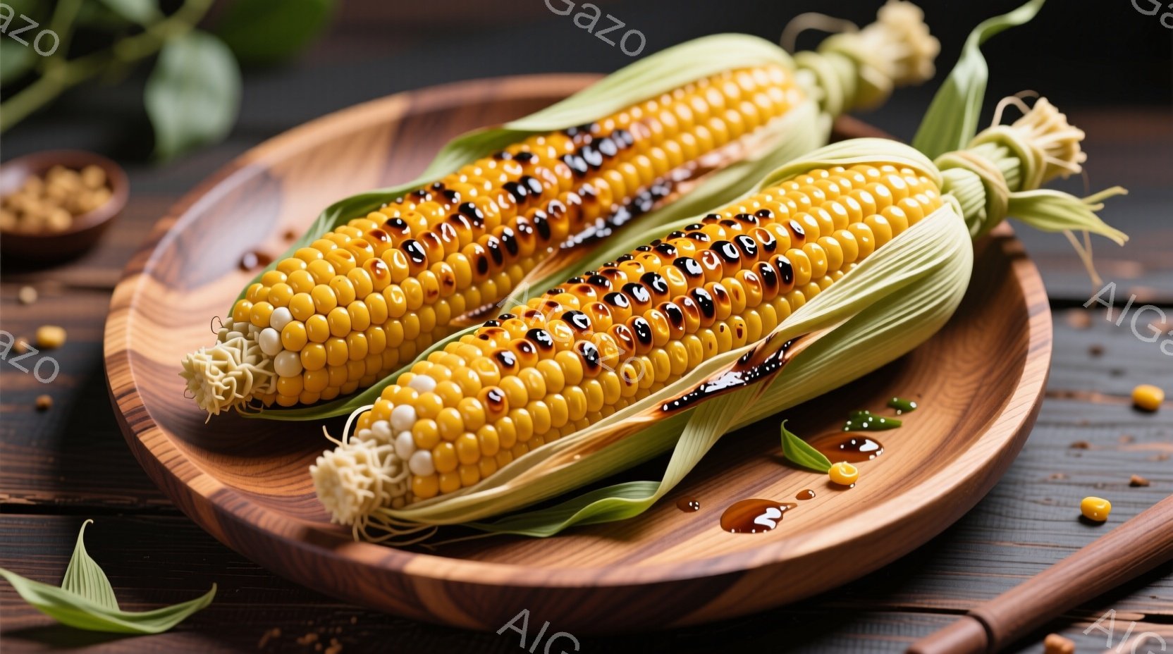 焼きトウモロコシが、木のプレートの上に2本並んでいます。甘いソースがトウモロコシの上から流れ落ちており、葉っぱと、周囲に散らばったトウモロコシの実がアクセントになっています。背景は暗い木製で、全体的に暖かく、食欲をそそる雰囲気です。