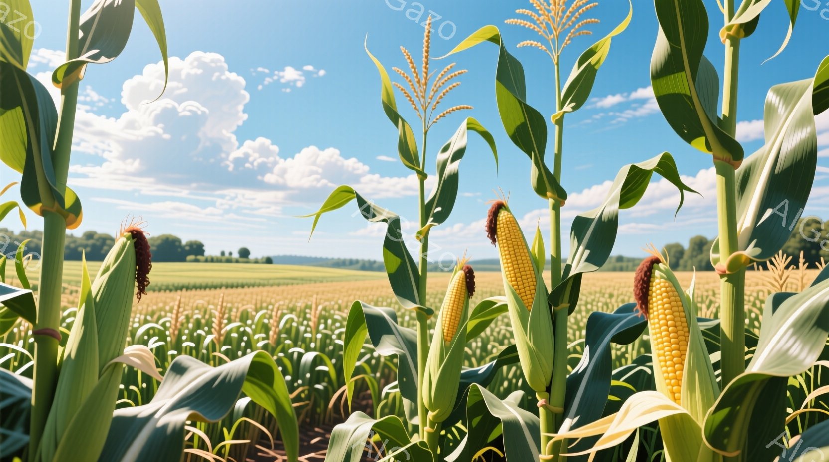 広大なトウモロコシ畑が広がり、緑色の葉と黄色い実が鮮やかに映えています。青空には白い雲が浮かび、遠くには緑豊かな木々が見え、穏やかで夏の雰囲気を醸し出しています。畑全体が光に満ちており、豊穣な自然を感じさせます。