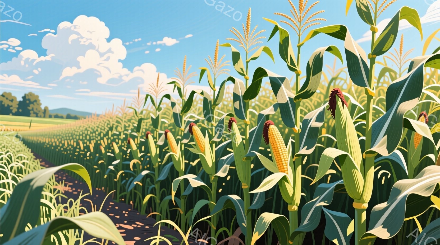 広大なトウモロコシ畑が広がり、緑豊かなトウモロコシの葉が密集して並んでいる。遠くには緑の丘と、青空に浮かぶ白い雲が見え、晴れた夏の日の穏やかな雰囲気を醸し出している。土色の通路が畑の中を走り、収穫の準備が整っている様子が伺える。