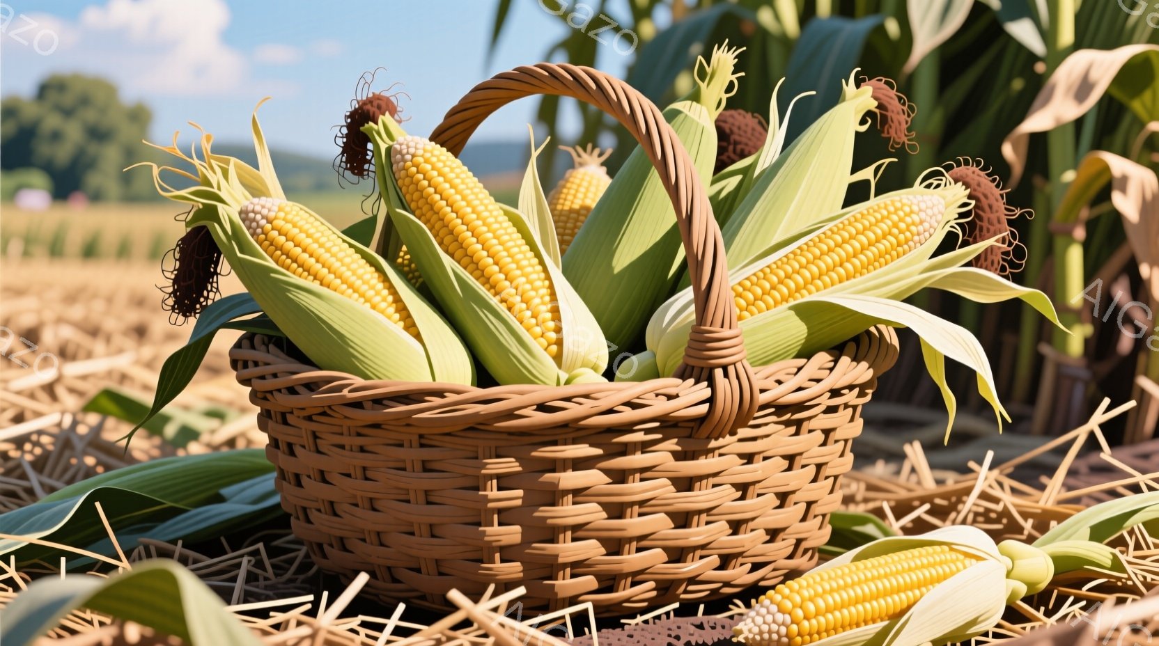 籠に収穫された新鮮なトウモロコシがぎっしりと詰まっています。背景には乾燥したトウモロコシ畑が広がり、青空と白い雲が広がっています。全体的に収穫の喜びを感じさせる、温かく自然な雰囲気です。 - AI生成フリー素材
