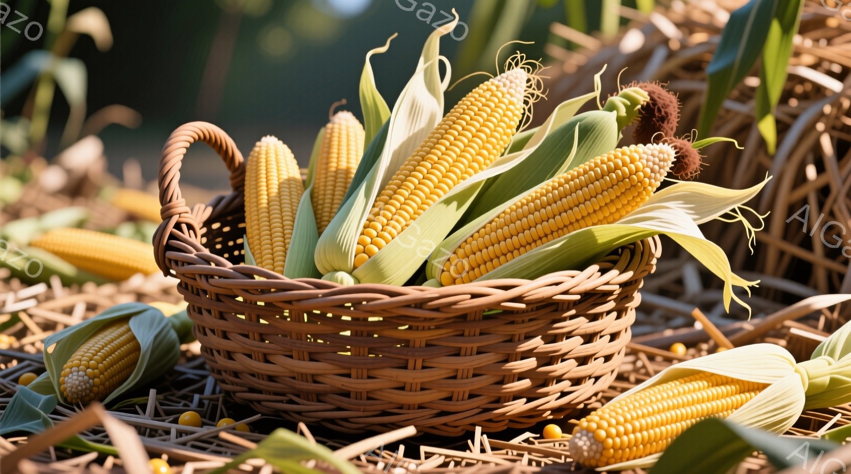籠の中に収穫されたトウモロコシがたっぷり入っており、鮮やかな黄金色と緑色の葉が目を引きます。籠の周りには、乾燥したトウモロコシの茎や落ち葉が散らばっており、秋の収穫の雰囲気が漂っています。全体的に暖かく、素朴な雰囲気で、豊かな実りの季節を感じさせます。