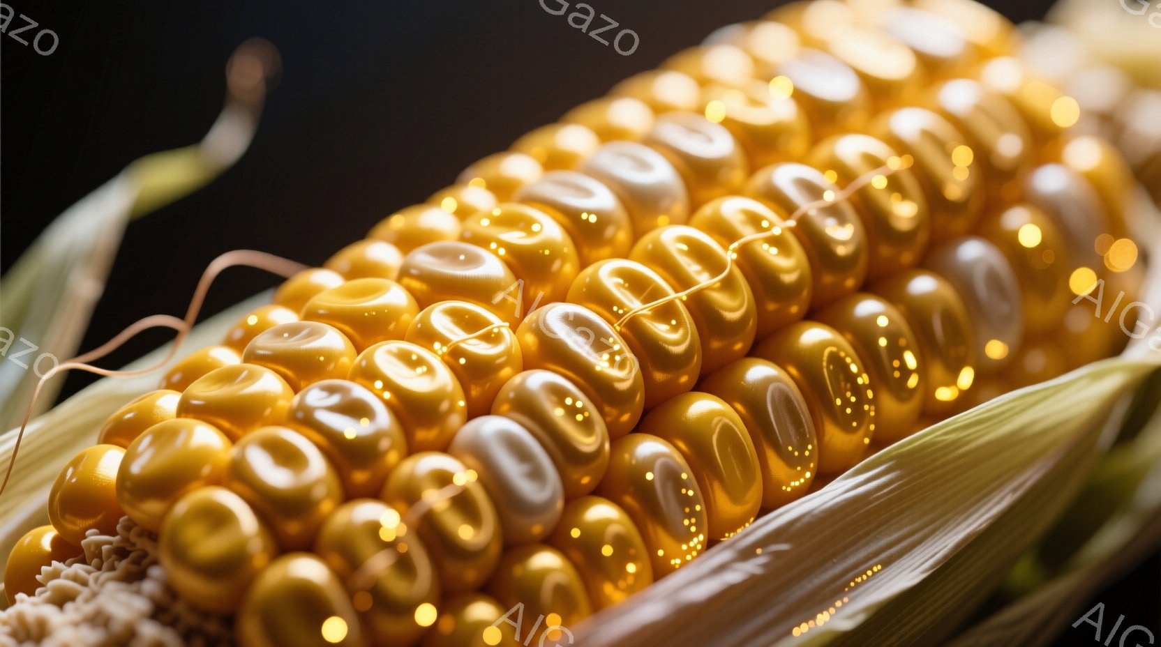 鮮やかな黄金色のトウモロコシが、緑色の葉に包まれて写っています。一つ一つの粒が光を反射し、丸みを帯びた形と瑞々しい質感が強調されています。背景は暗く、トウモロコシの鮮やかな色が際立っています。